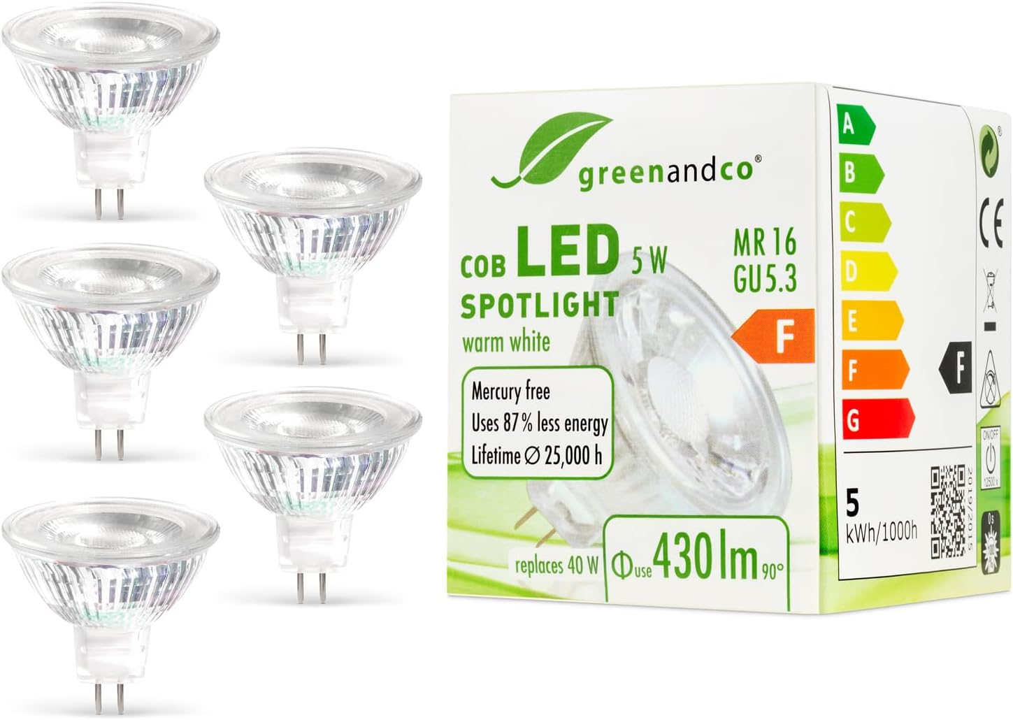 Greenandco 10X MR16 GU5.3 | Dimmable | Replaces 45W | Warm White 3000K | CRI 90+ | 6.5W 510 Lm | 38&deg; | Flicker-Free | COB LED Spot | 12V AC/DC