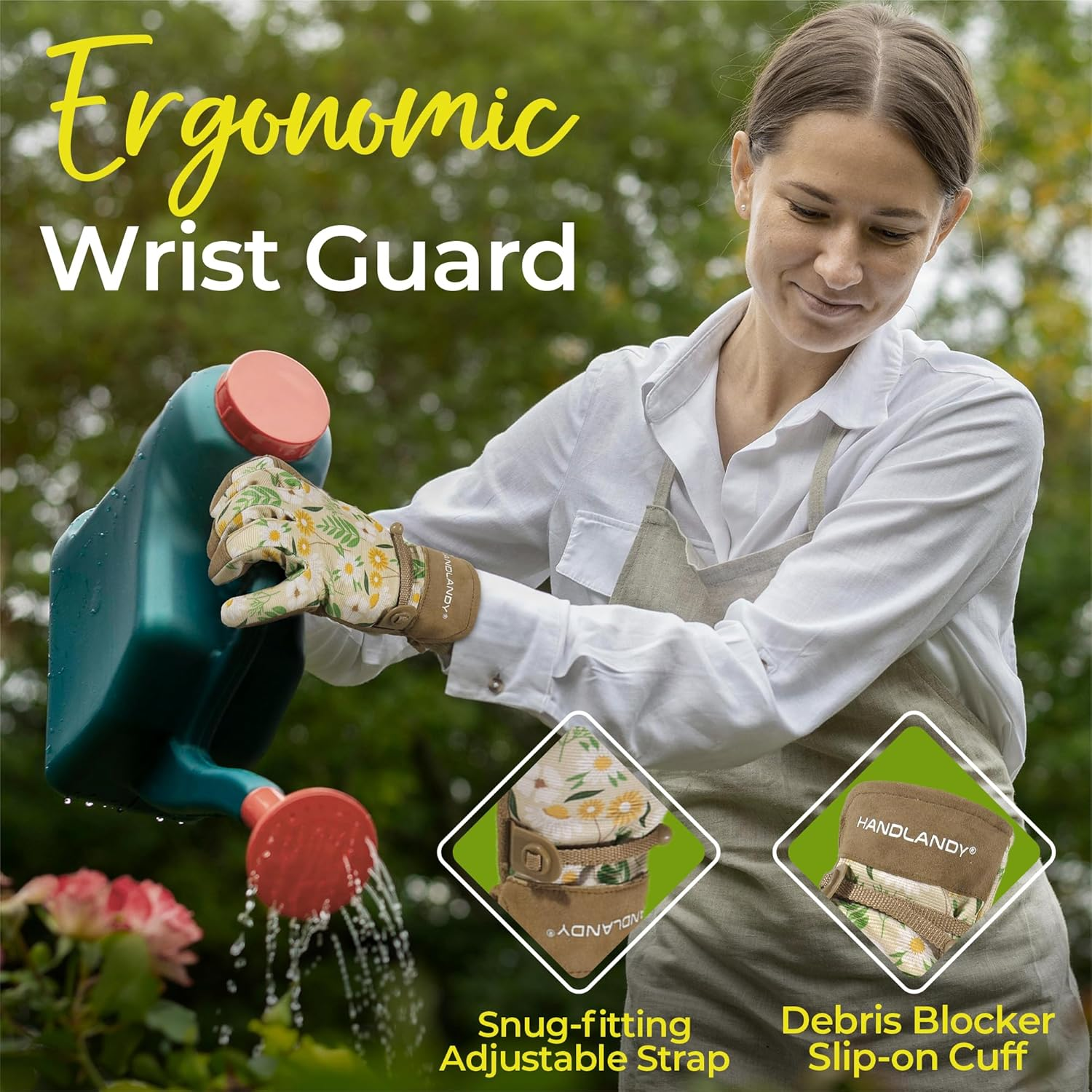 HANDLANDY Gardening Gloves for Women, Breathable Ladies Leather Garden Yard Gloves for Female Gardeners (Khaki-Printing, Small (Pack of 1)) image number 4