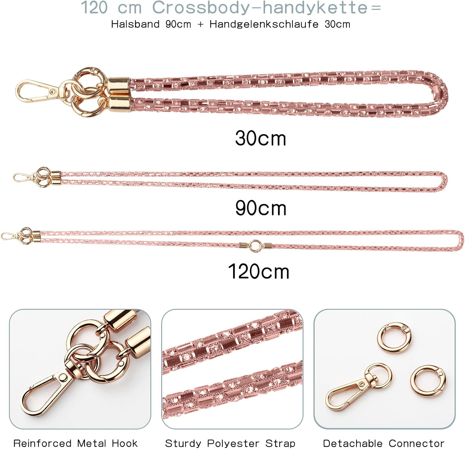 Tookala Glitter Crystal Rhinestone Mobile Phone Chain Universal Including Long and Short, Mobile Phone Cord, Mobile Phone Pendant, Lanyard, Neck Strap, Pretty Compatible with All Mobile Phone Cases - Rose-Gold image number 4
