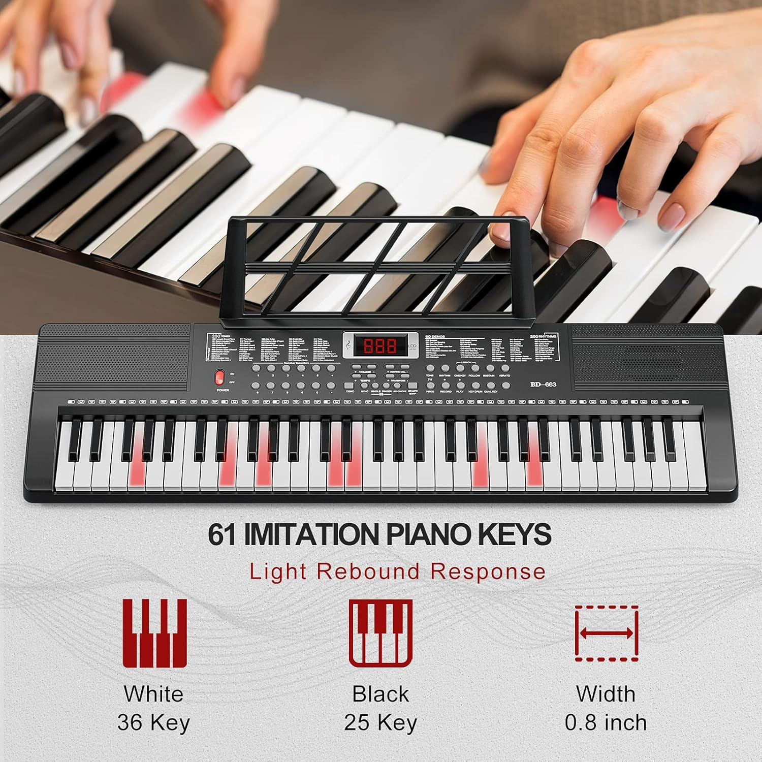 UMOMO 61 Keys Electronic Piano Keyboard Set with Stand and Bench, Portable Digital Keyboard with Microphone, Music Stand, Adaptor Power for Beginner, Black image number 1