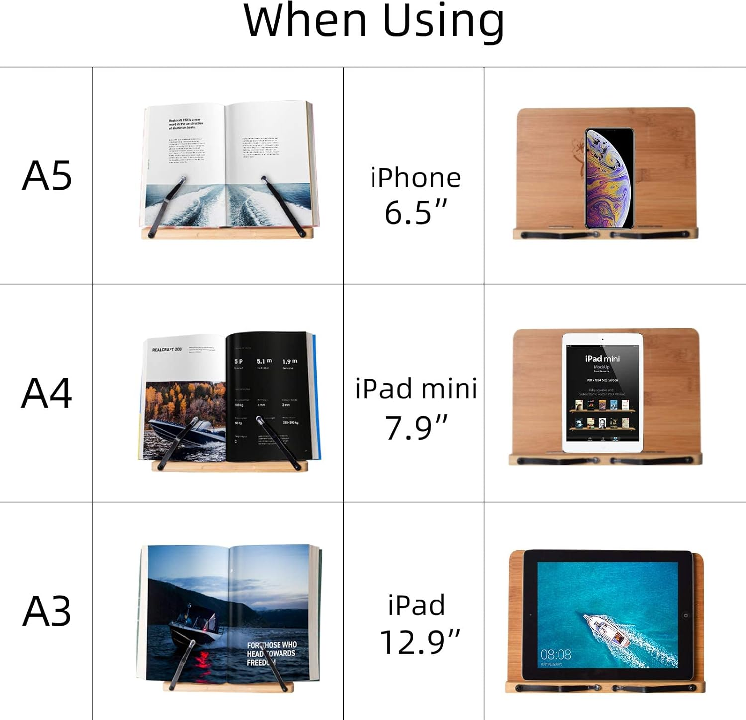 Wishacc Bamboo Book Stand Height Adjustable with Clamp, Table Side Cookbook Rest - Desktop Reading Mount Holder with Sturdy Page Clips 11 X 8.1 Inch image number 1