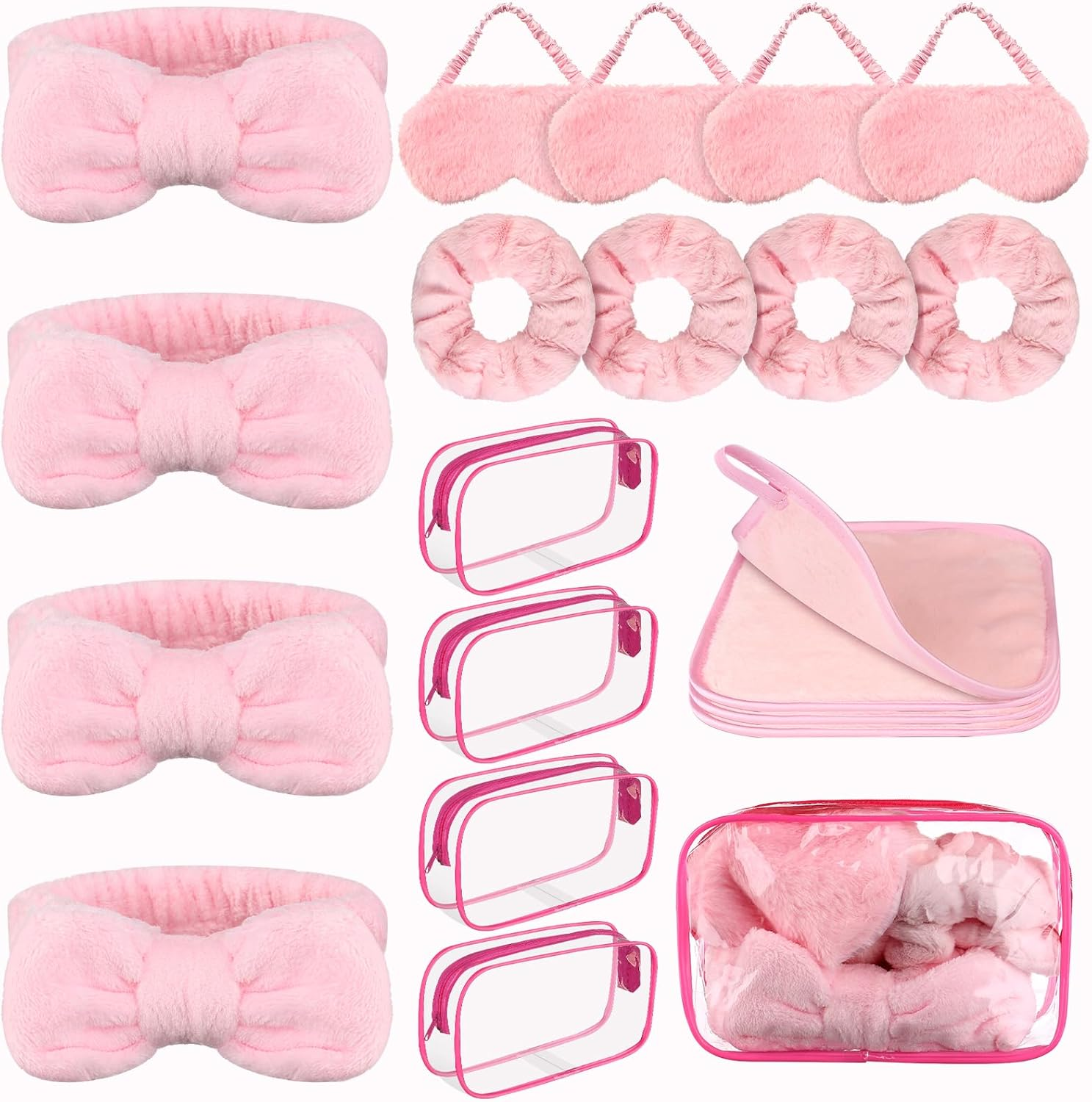 20 X Girls Spa Accessories, 4 X Bow Headbands, 4 X Pink Plush Sleep Masks, 4 X Velvet Hair Ties, 4 X Makeup Remover Wipes, 4 X Clear Makeup Bags image number 5