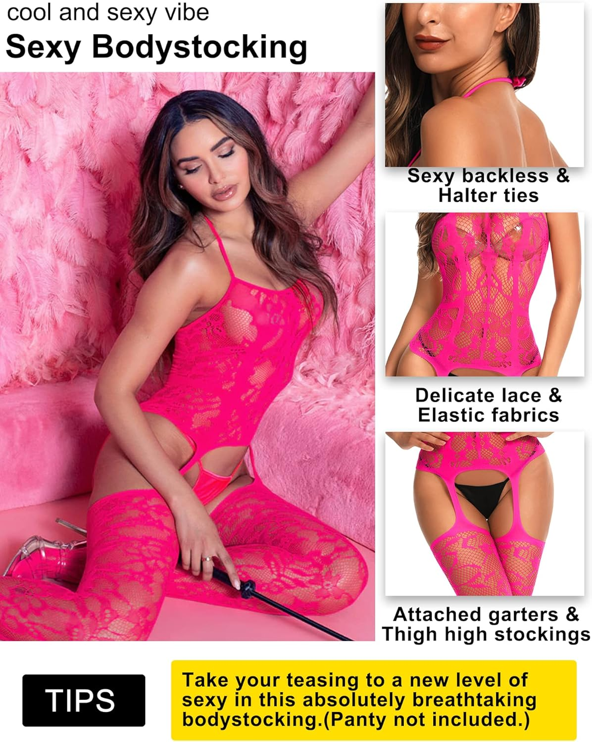 RSLOVE Women Fishnet Bodystocking Attached Stockings Sexy Lingerie Crotchless Bodysuit One Piece Babydoll One Size - Dark Green image number 5