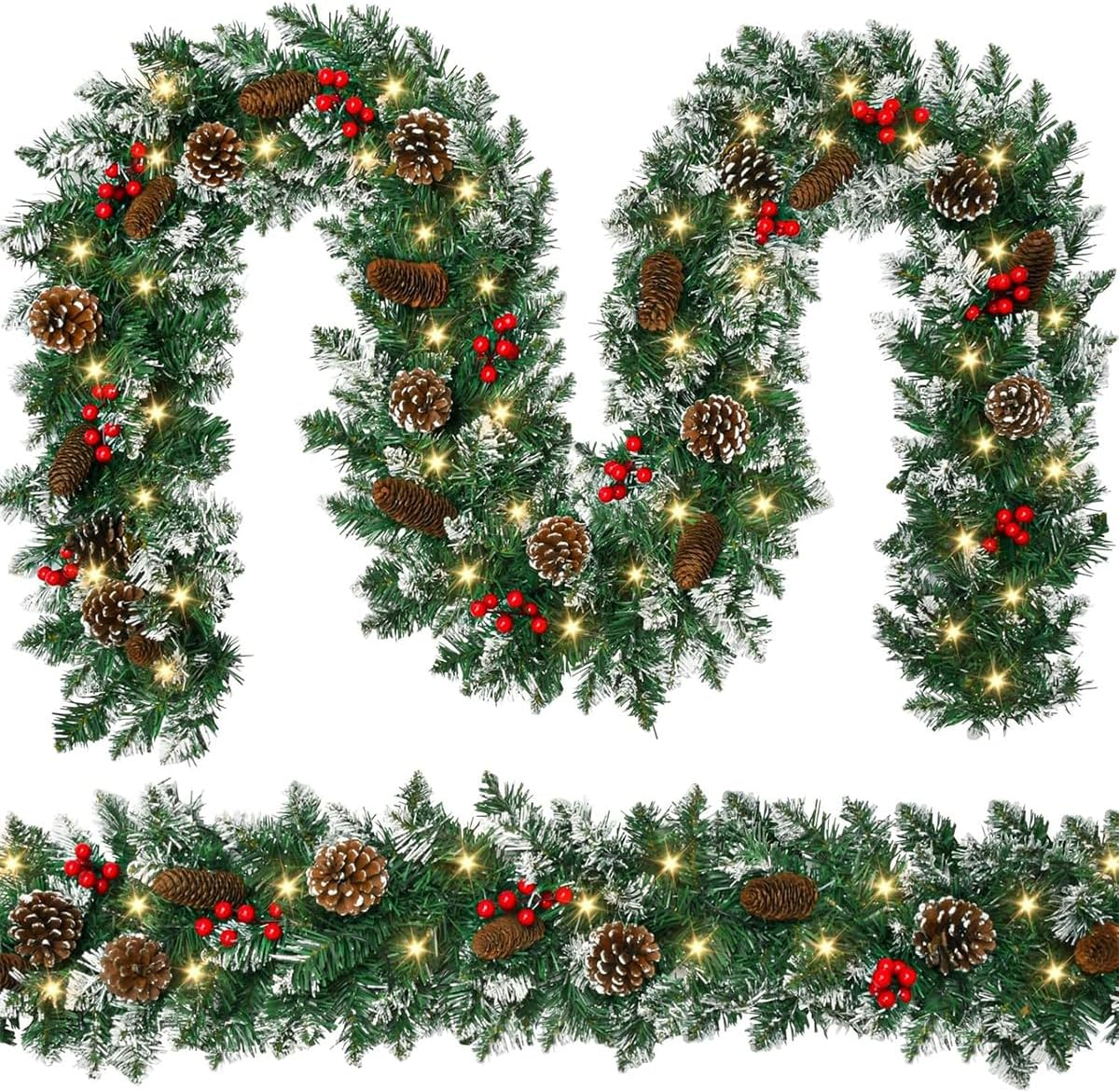 9 FT Christmas Garland with Lights,Battery Operated Lighted Garland with Pine Cones Red Berries Lush Branches,50 LED Lights 8 Modes,Christmas Decor Mantle Fireplace Indoor Outdoor Home (1, 9.02 FT) image number 5