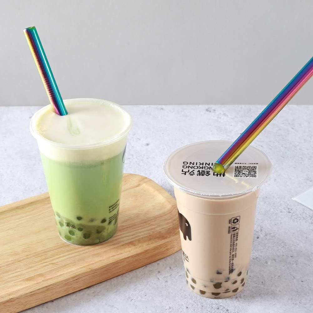 6 Pcs Reusable Bubble Tea Straws, Boba Straws 12Mm Wide Stainless Steel, Angled Tips Metal Straws for Bubble Tea, Milkshakes, Smoothies with Cleanning Brush & Case (Rainbow) - Rainbow image number 6