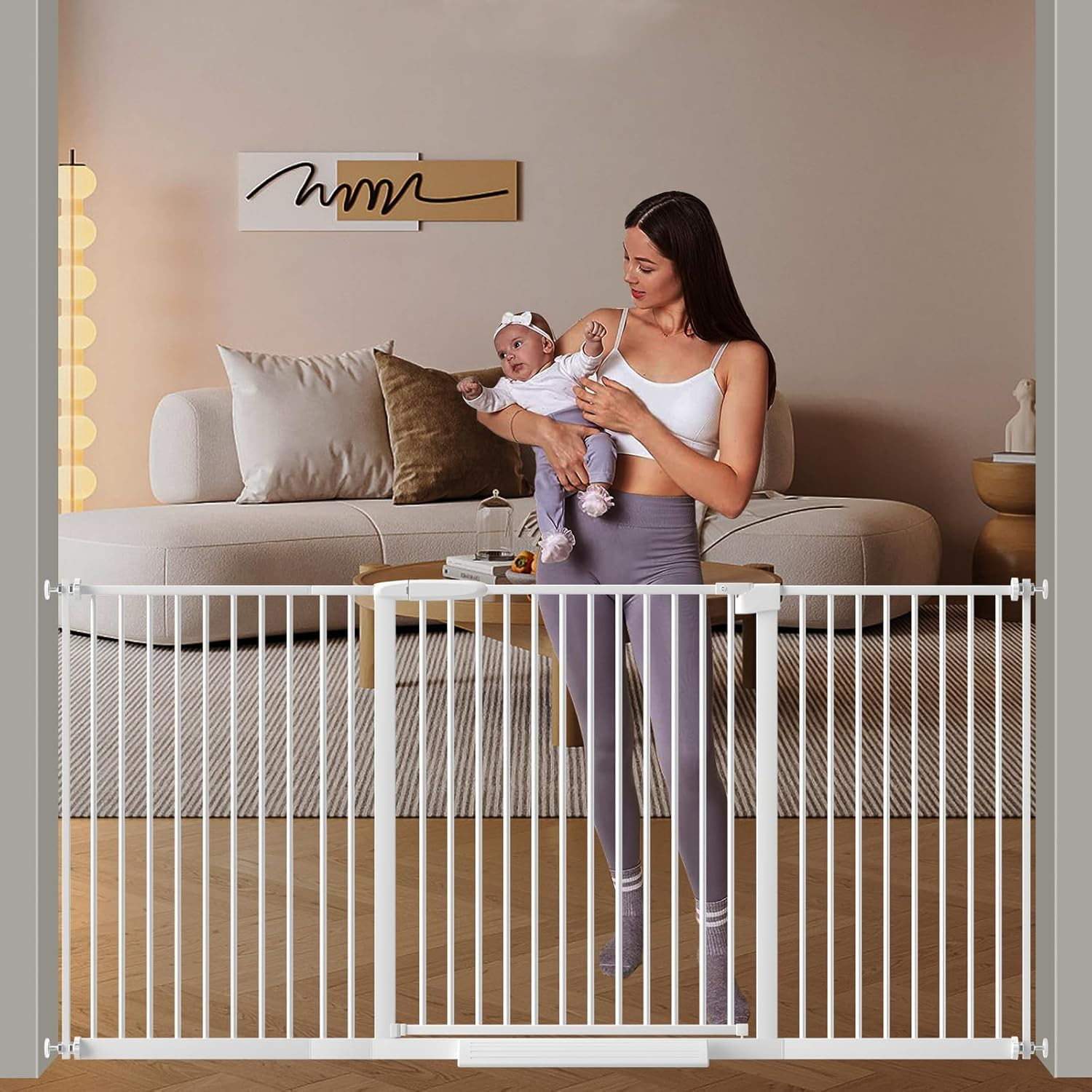 DEARBB Extra Wide Baby Gate Ultra Narrow Spacing 156.5-176.5CM Pressure Mounted Double Lock Swing Auto Close Walk through Metal Safety Pet Gate for Stairs and House Doorway Kitchen