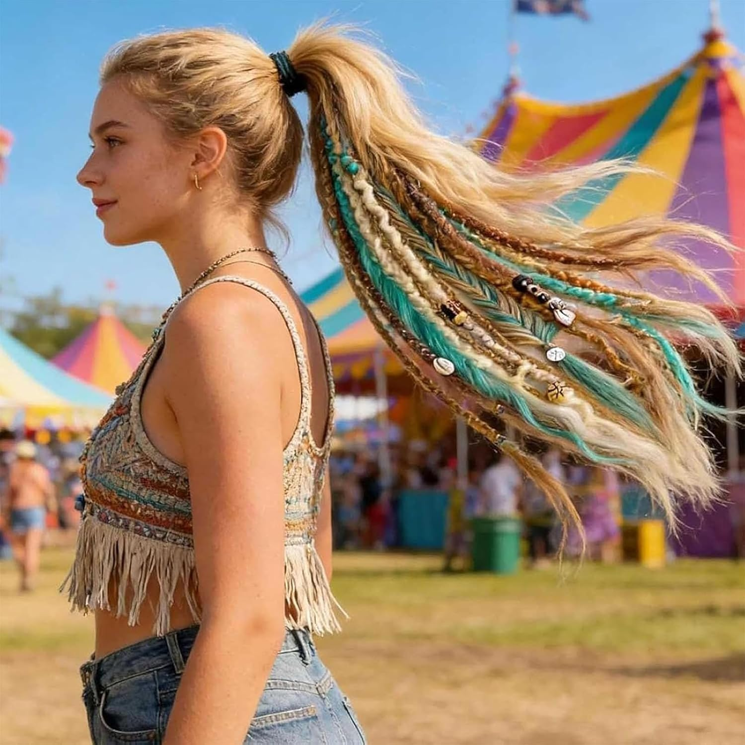 Elastic Dread Ponytail Salty, Boho Dreadlock Hair Extension with Beads, Shell and Charm Details, Easy 1-Minute Clip-In Ponytail Attachment for Festival, Travel & Casual (C) image number 2