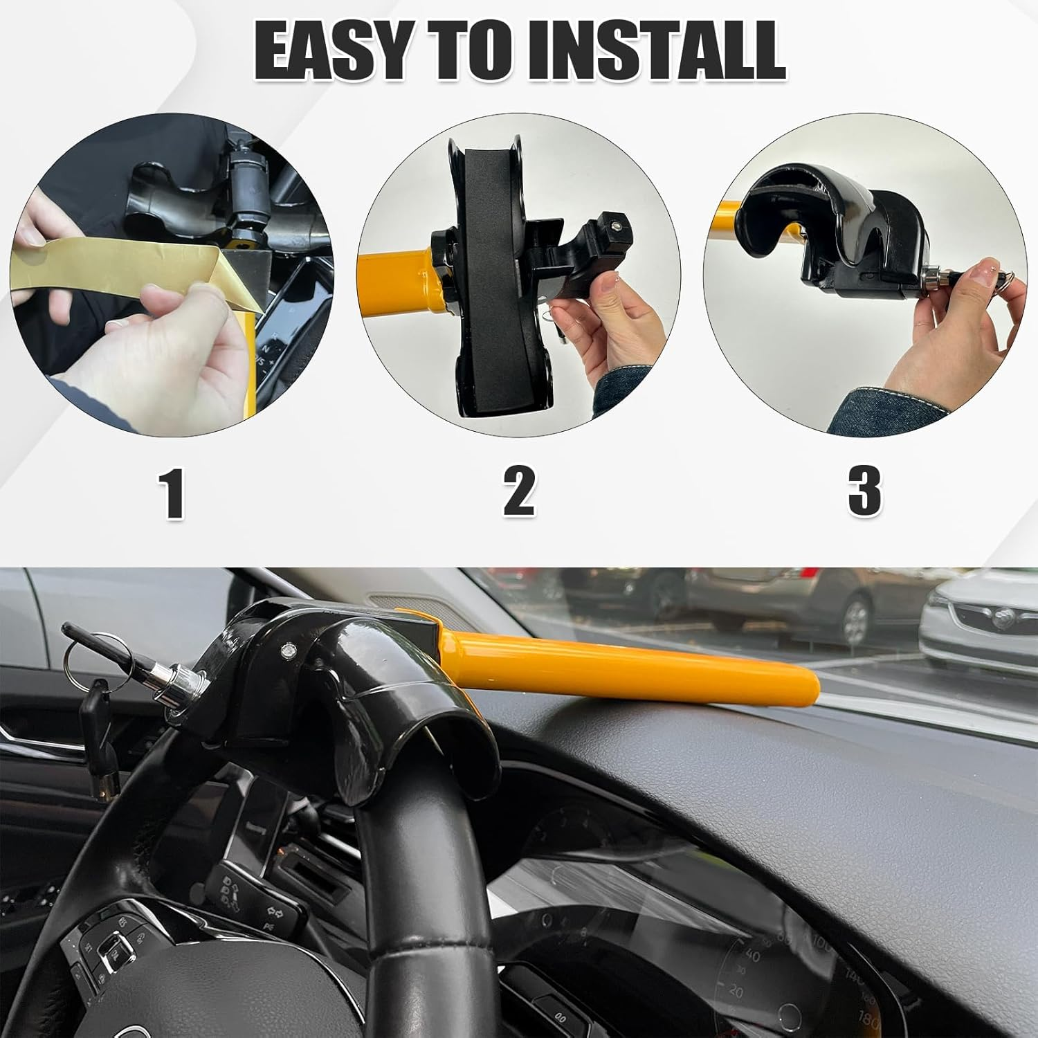 Universal Anti-Theft Car Auto Security Rotary Steering Wheel Lock, Heavy Duty Steering Wheel Lock with 2 Keys Car Security Lock for Truck Van Suvs image number 4