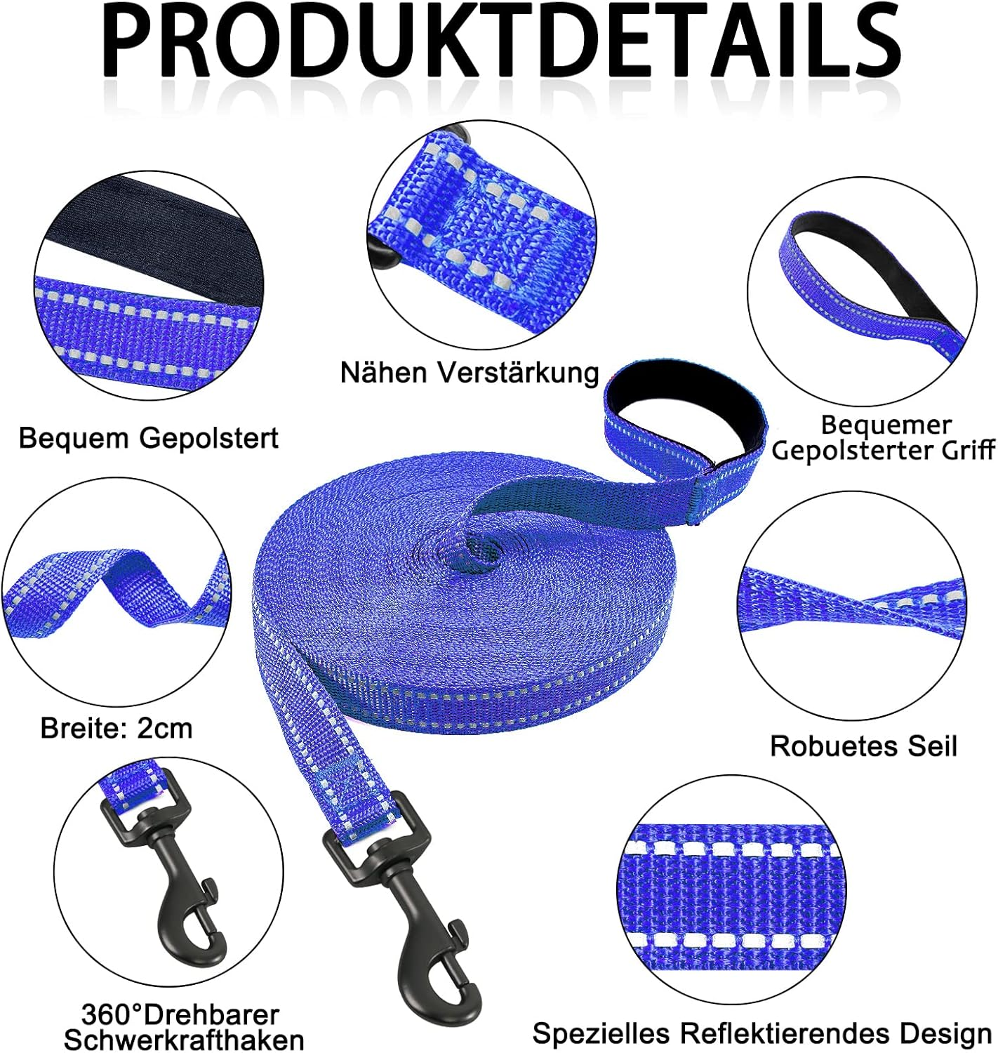 Demigreat Recall Lead for Dogs, 3 M / 5 M / 10 M / 15 M / 20 M Robust Long Dog Lead Reflective Training Lead with Padded Handle and Hand Strap image number 5