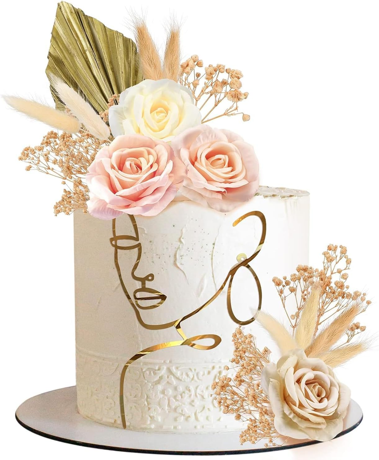 Morofme 21Pcs Boho Cake Decor - Acrylic Minimalist Art Lady Gold Face & Vintage Artificial Rose Flower Leaves for Bohemian Birthday Wedding Bridal Baby Shower image number 6