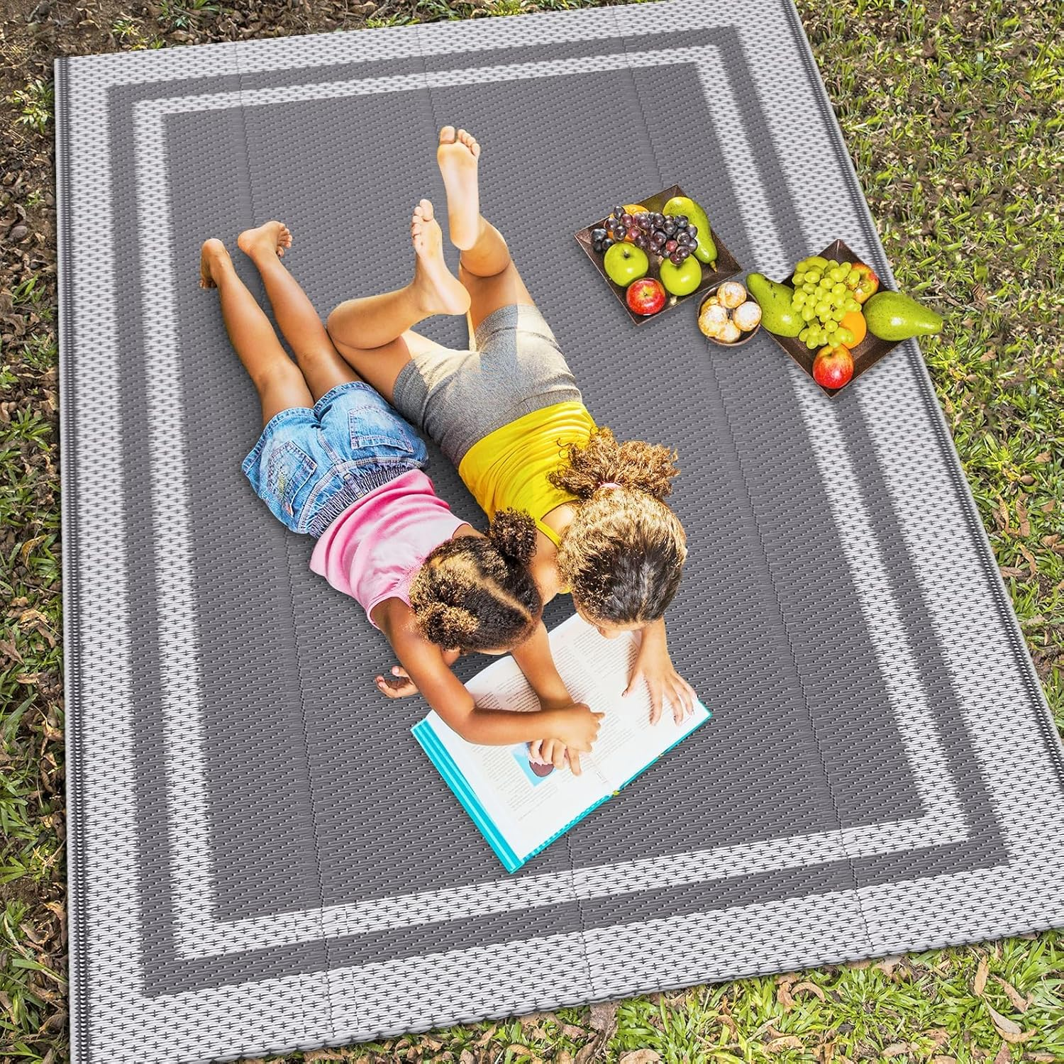 Happytrends Outdoor Rug Reversible Portable Plastic Straw Camping Rugs for outside Rv,Large Waterproof Outdoor Area Rugs for Patio,Deck,Porch,Balcony(5'X 8',White&Gray) image number 6