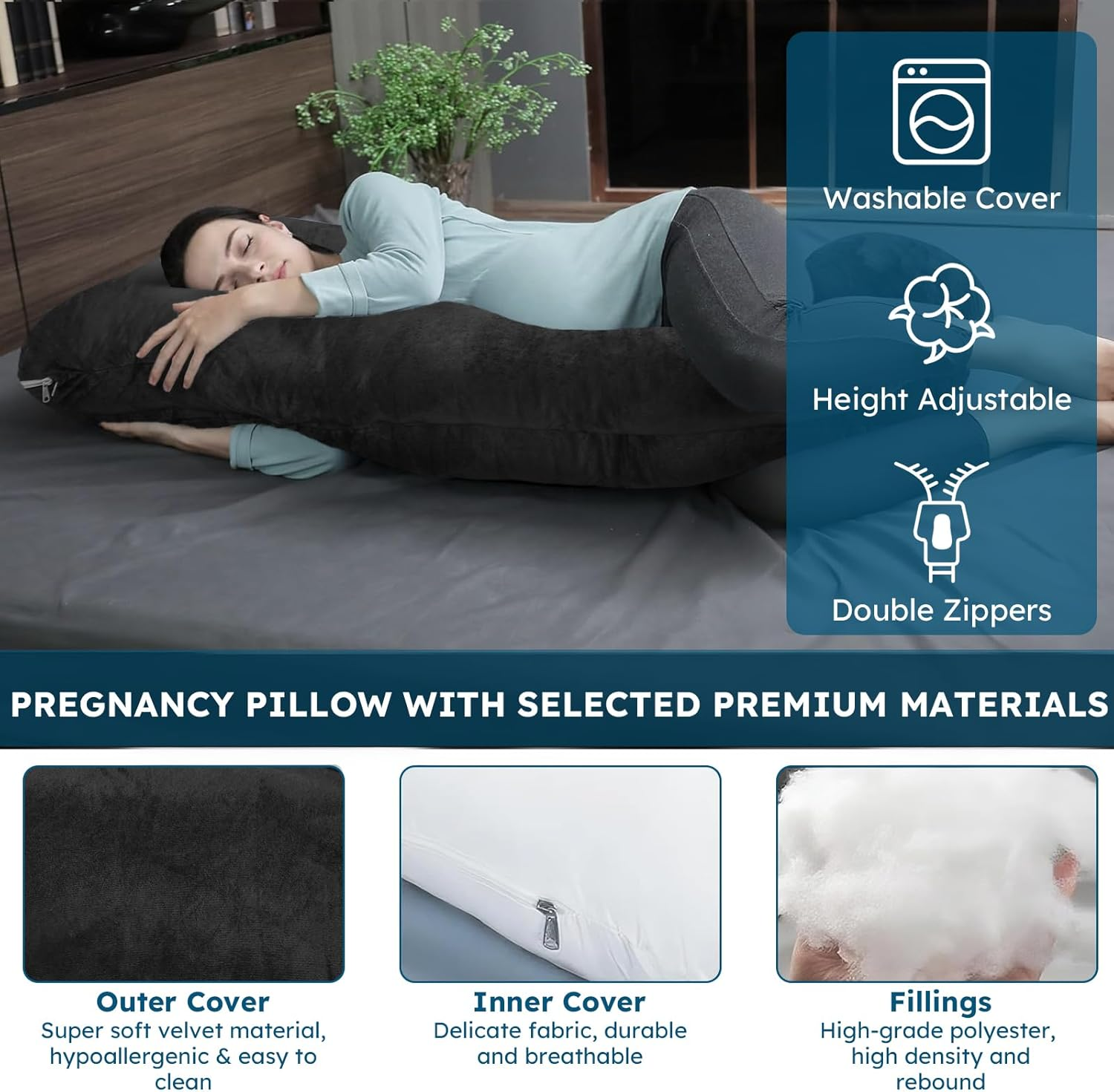 Pregnancy Pillows for Sleeping, J Shaped Maternity Full Body Pillow for Back, Legs and Belly Support, 180Cm Long Maternity Pillows for Pregnant Women and Side Sleepers with Removable Cover image number 6