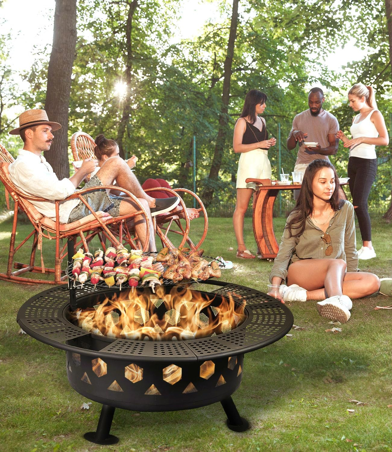 Bettermade 32 Inch Outdoor Fire Pit, 2-In-One Large Camping Fire Pits for outside with Cooking Grill and Fire Poker, Wood Burning Firepit for Bbq,Warm Up, Patio, Bonfire, Camping, Picnic. image number 6