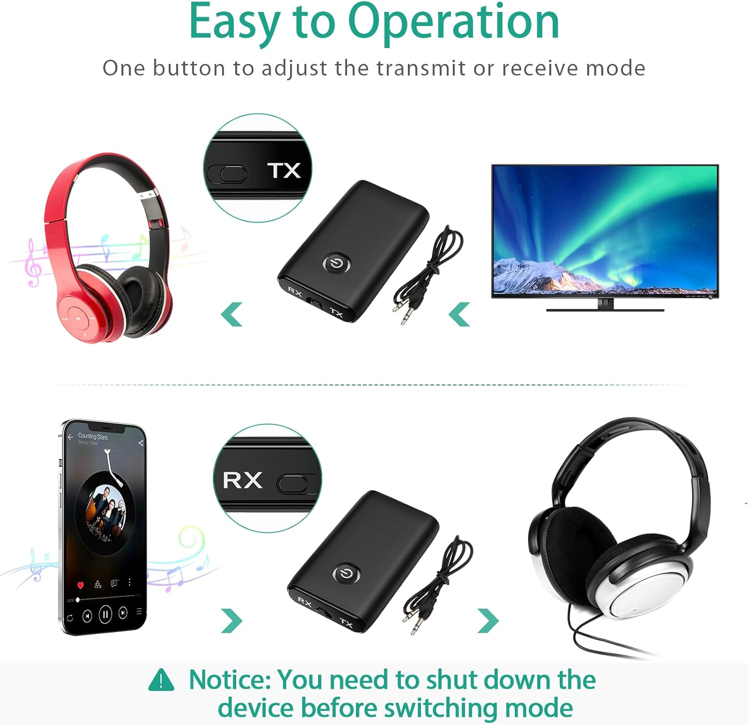 ORIA Bluetooth 5.3 Transmitter Receiver, AUX Bluetooth Adapter, Wireless Audio Adapter with Noise Reduction, Music Receiver for Home & Car Stereo, Hands Free Call, Headphones, Speakers -Black - White image number 3
