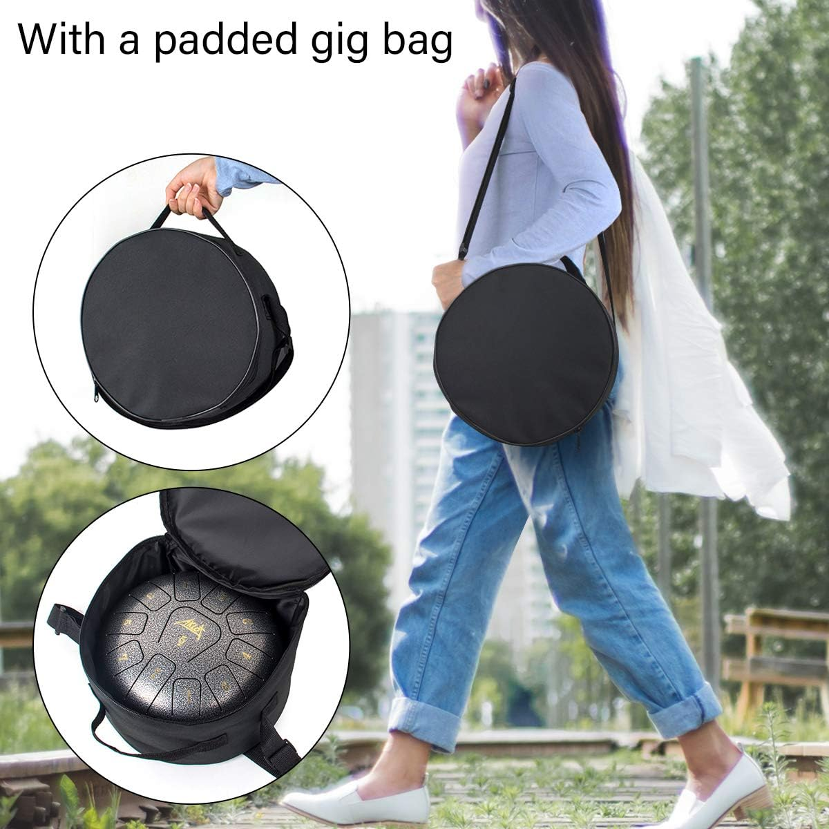 Steel Tongue Drum, AKLOT 10 Inch 11 Notes Tank Drum C Key Percussion Steel Drum Kit W/Drum Mallets Note Stickers Finger Picks Mallet Bracket and Gig Bag image number 4