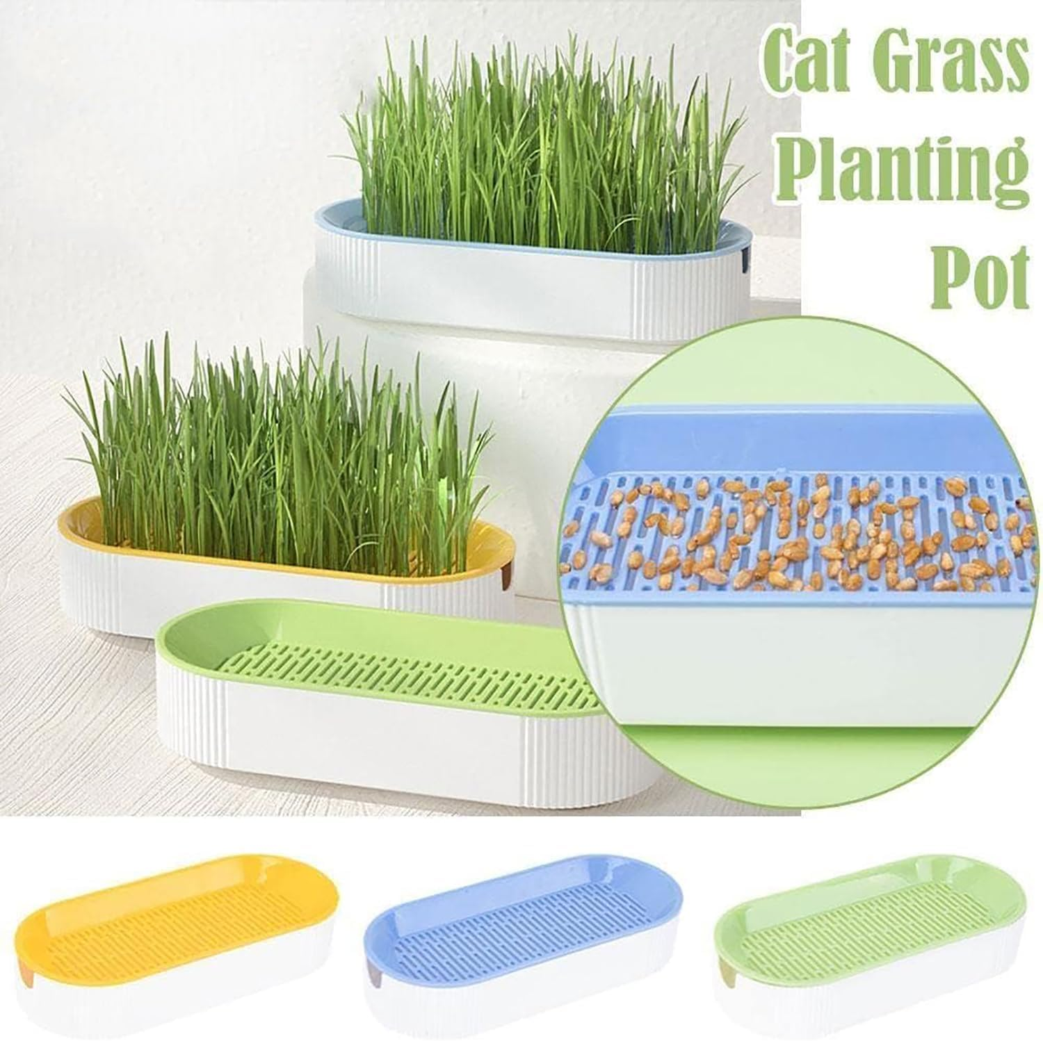 3 Pcs Hydroponic Cat Grass Planter, Seed Sprouter Tray Soil-Free Big Capacity Healthy Wheatgrass Grower Sprouting Container Kit for Kitten - Extra 15 Packs of Seeds image number 3