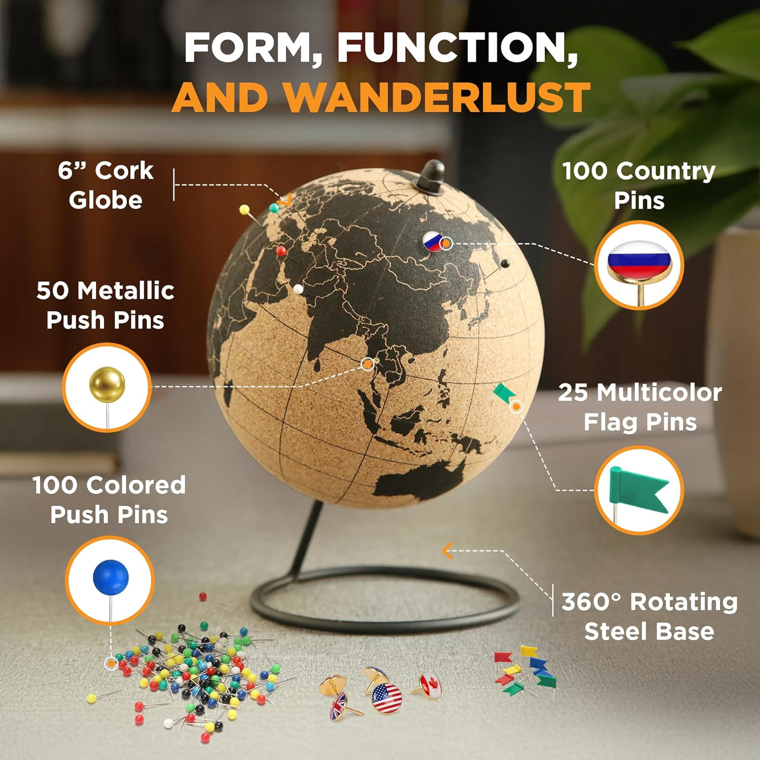 Globe Trekkers - Mini Cork Globe with 50 Different Coloured Push Pins & Durable Stainless Steel Base Great for Mapping Travels & Educational Purposes Does Not Have Plastic Strip like Most image number 5