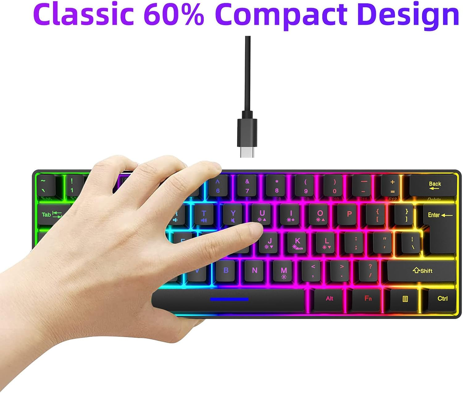 Asixxsix Wireless Keyboard, Ergonomic 61 Keys Gaming Keyboard with RGB Backlit, 2.4 Ghz Wireless USB Receiver, for Computer Desktop PC Laptop, Compact and Portable image number 6