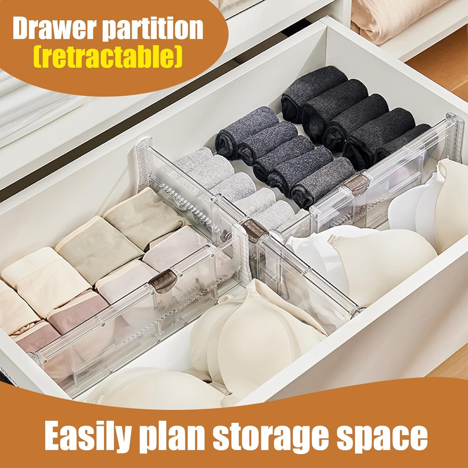 Drawer Dividers,5 Pack Adjustable 4" High Expandable from 14"-21" Clear Drawer Organizer,Drawers Separators with Foam Ends for Clothes, Kitchen Utensils, Bedroom, Bookcase image number 1