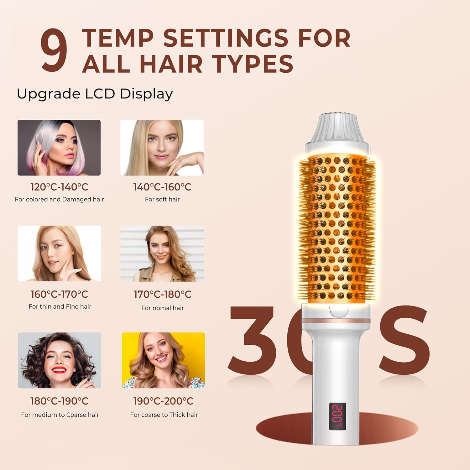 Thermal Brush, 3-In-1 Thermal Brush 38 Mm, LCD Display 120-200&deg;C, Increase Hair Volume, Loose Curls, Straight Hair, Lightweight Compact Size