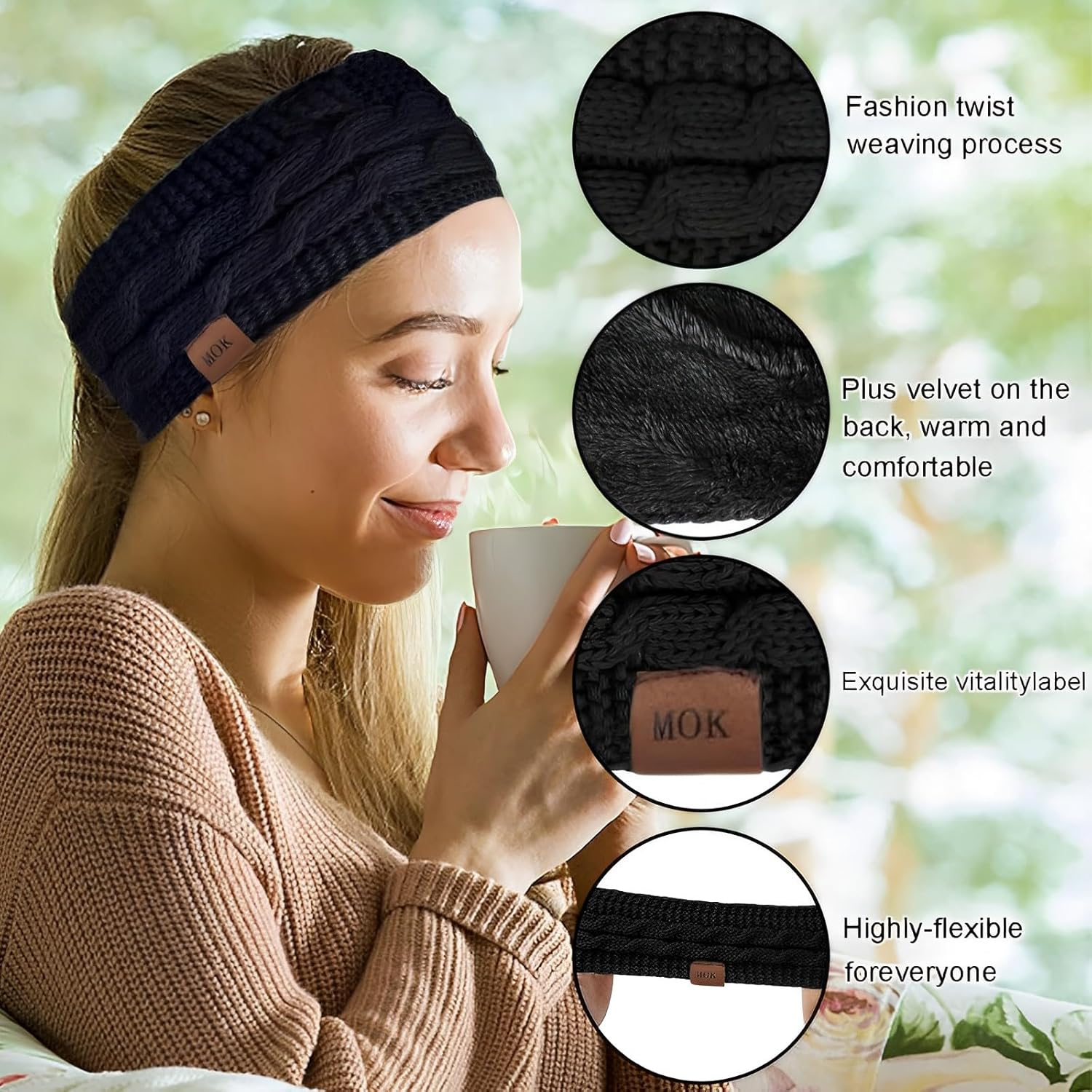 MOAZIFI Women'S Winter Knitted Headbands, Ear Warmers, Elastic Headband, Thickening, Winter Ear Warmers for Outdoor Sports, Shopping, Skiing, Running, Jogging (Black + Beige), 1, 1 St&uuml;ck (2Er Pack) image number 4