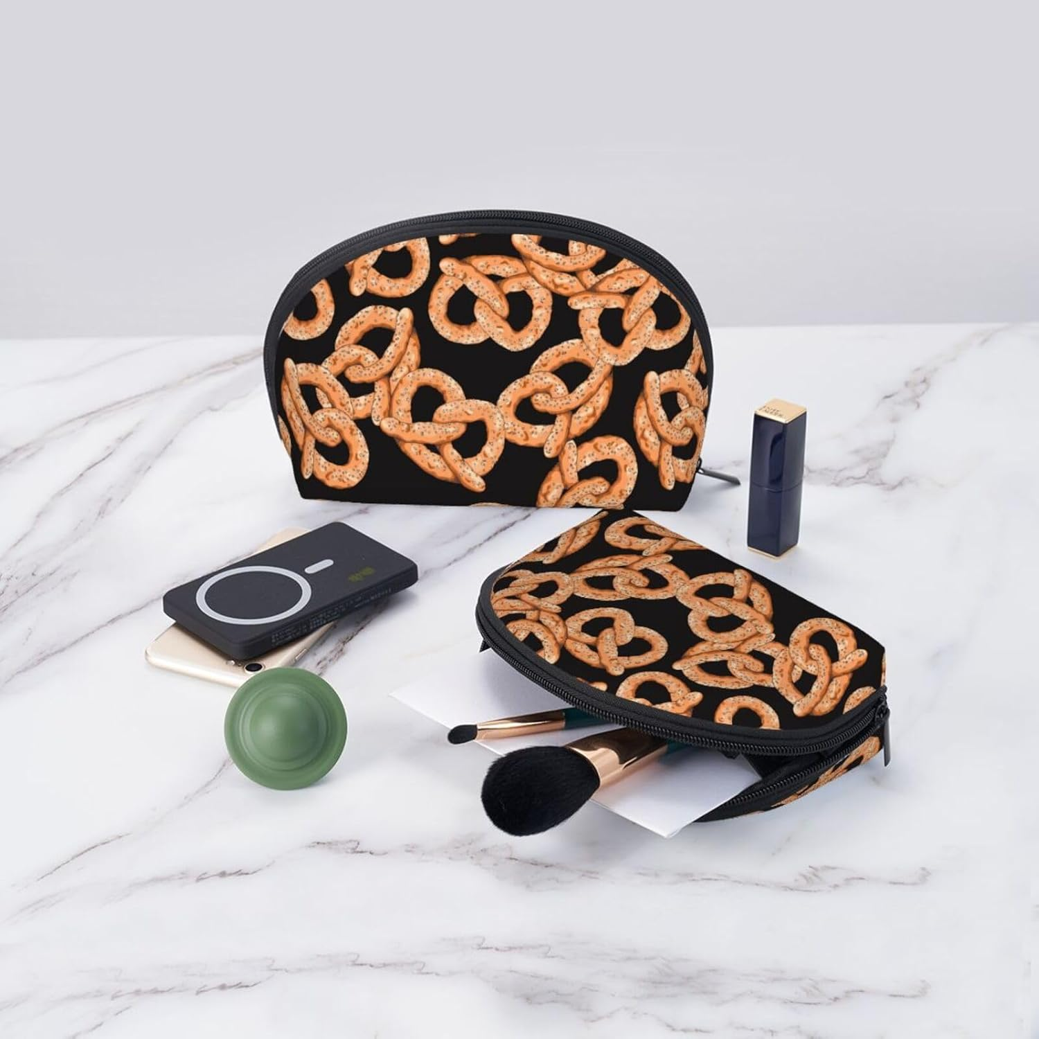 Cozimangoe Coin Pouch Makeup Bags Set, 2 Piece Shell Shape Cosmetic Bag with Pockets for Daily Travel Handbag Lipstick Keys Toiletry, Personalized Fresh Pretzel image number 3