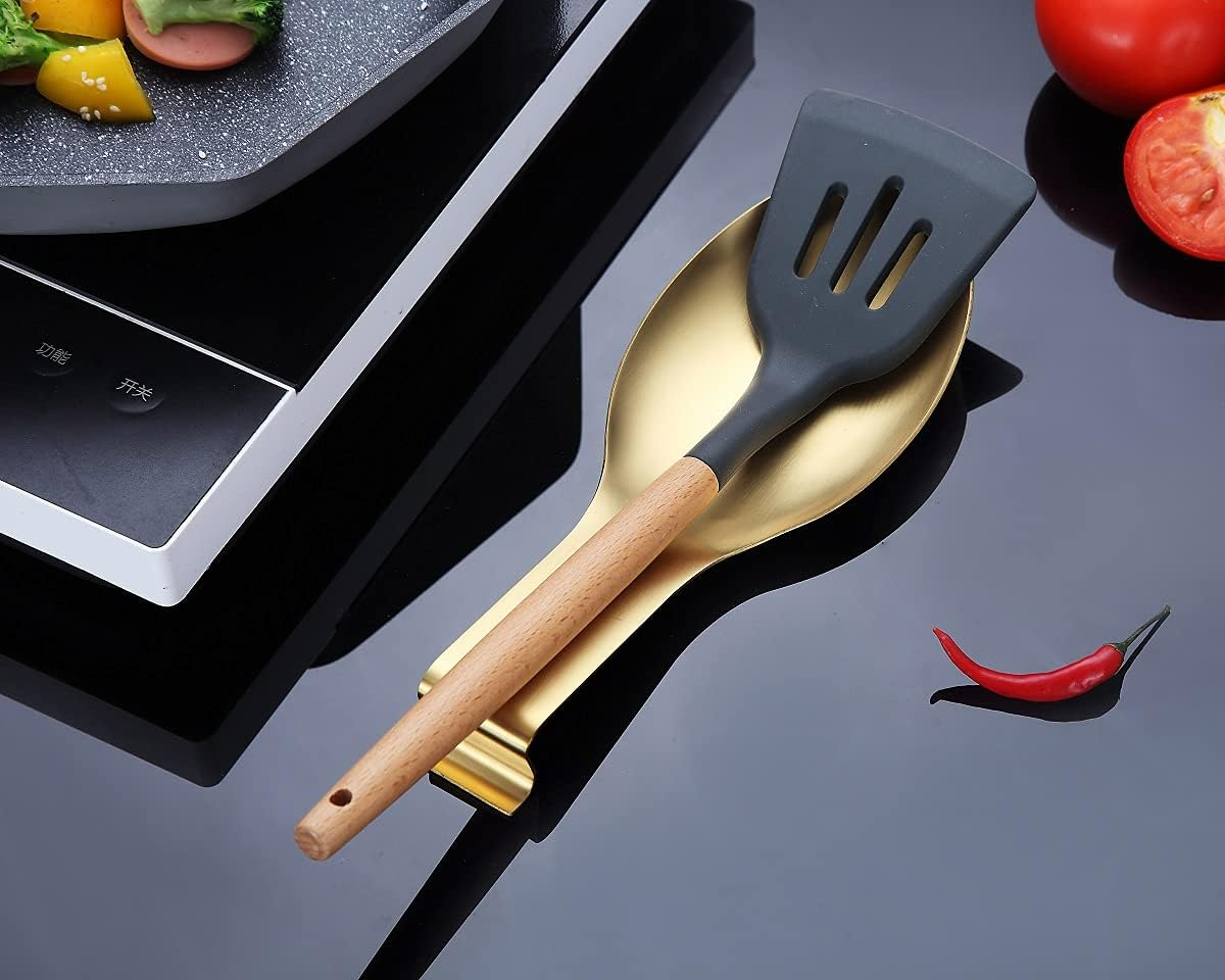 Matte Gold Spoon Rest, Stainless Steel Spoon Holder for Stove Top, Kitchen Utensils Holder for Ladles, Tongs, Spatula, Stove Spoon Holder, Pot Lid Holder, Dishwasher Safe (1PC-9.5 Inch) image number 5