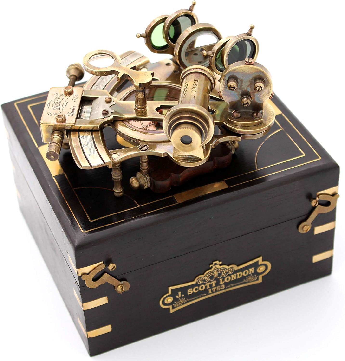 US HANDICRAFTS Handmade Astrolabe Brass Sextant Inbuild Compass with Hardwood Box| image number 3
