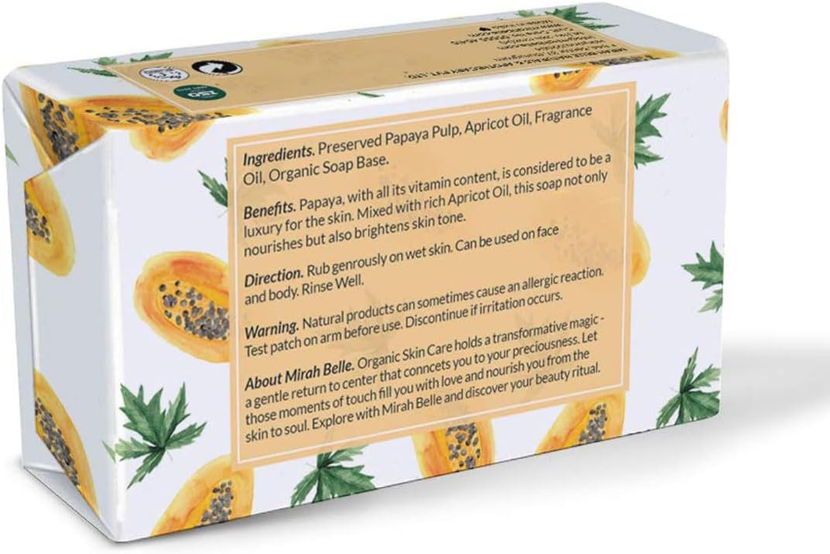 Mirah Belle - Organic Papaya Apricot Skin Brightening Soap Bar (Pack of 6-125 Gm) - for Tanned and Fatigued Skin. Helps Whiten and Brighten Skin. SLS, Paraben, Gmo-Free, 750 Gm