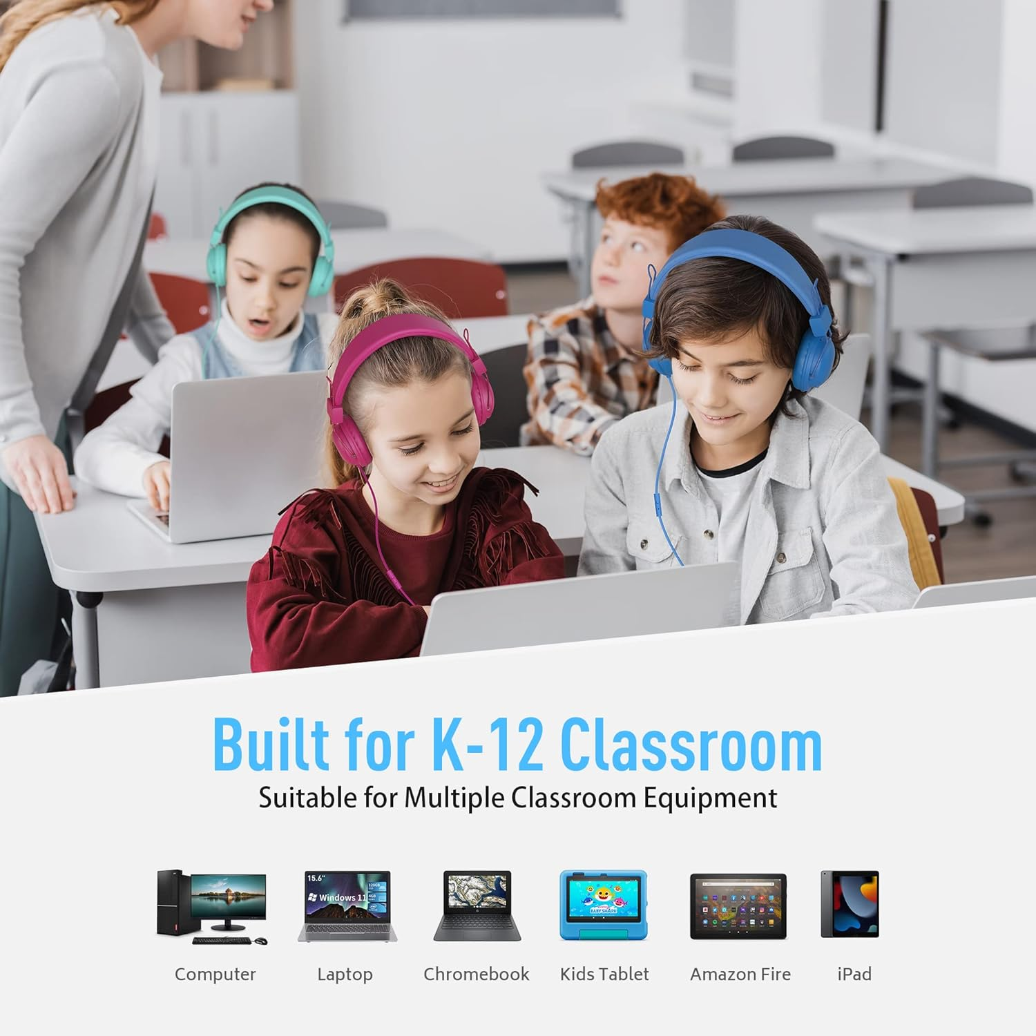 AILIHEN Kids Headphones Bulk 10 Pack for School K-12 Students, Classroom Wired Headphones with Microphone & 85Db Volume Limited & Sharing, 3.5Mm Jack for Chromebook, Computer, Laptop (Multicolor) image number 4