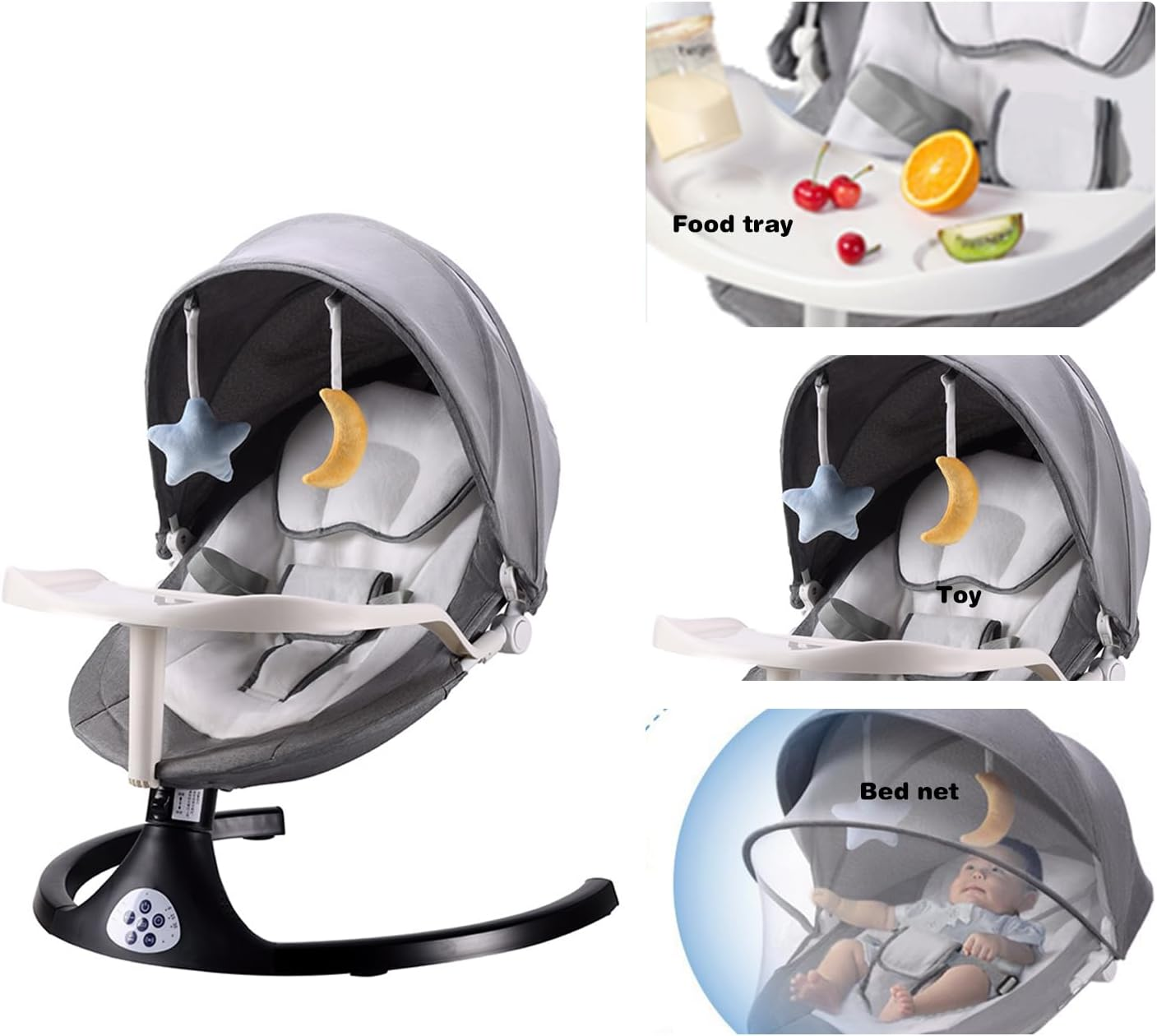 Baby Swing for Infants, Portable Baby Rocker with Tray and Remote Control 5 Speed Electric Bluetooth for 5-26 Lbs, 0-12 Months,3 Timer Settings & 10 Pre-Set Lullabies Adjustable Rocking Bouncer Chair (Light Gray) image number 5