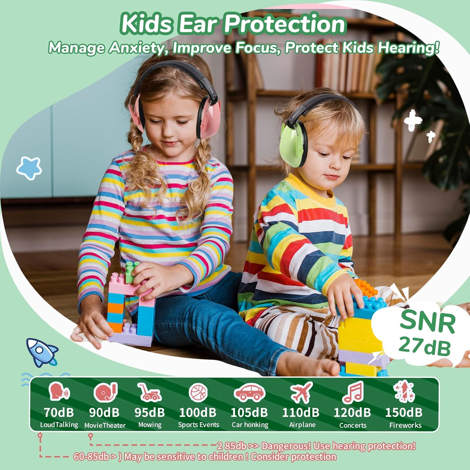 Melonart Kids Ear Protection Earmuffs Safety Hearing Protection Headphones Noise Reduction for Autism Sensory Kids Chirldren - Blue  Pink  Green image number 4
