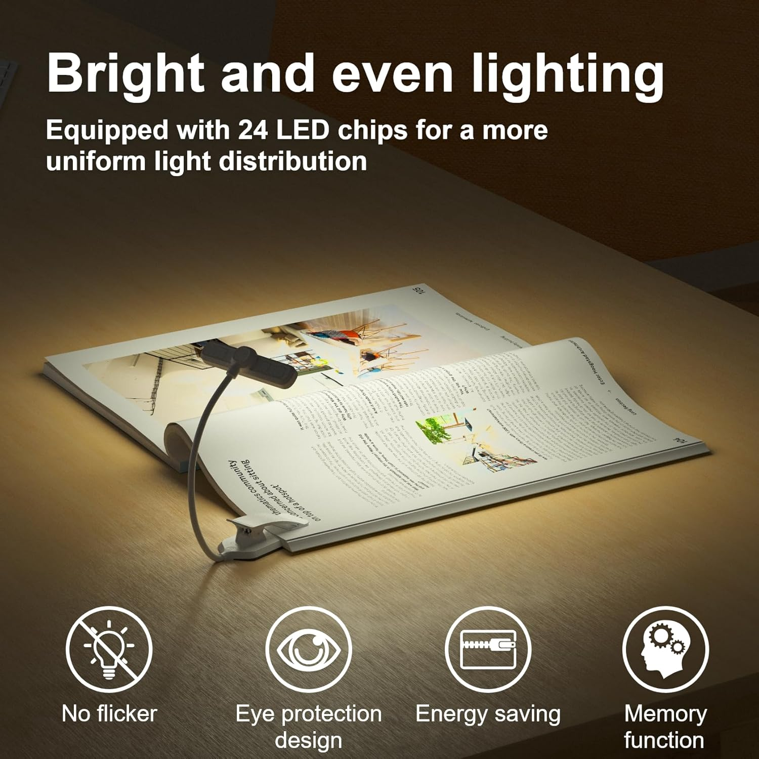 LUTW 24 LED Rotatable Book Light, 3 Eye-Friendly Colours and 5 Brightness Reading Light, Stepless Dimming, 1000Mah Rechargeable Clip on Light, Long Battery Life, Flexible Arm, Lightweight, White image number 5