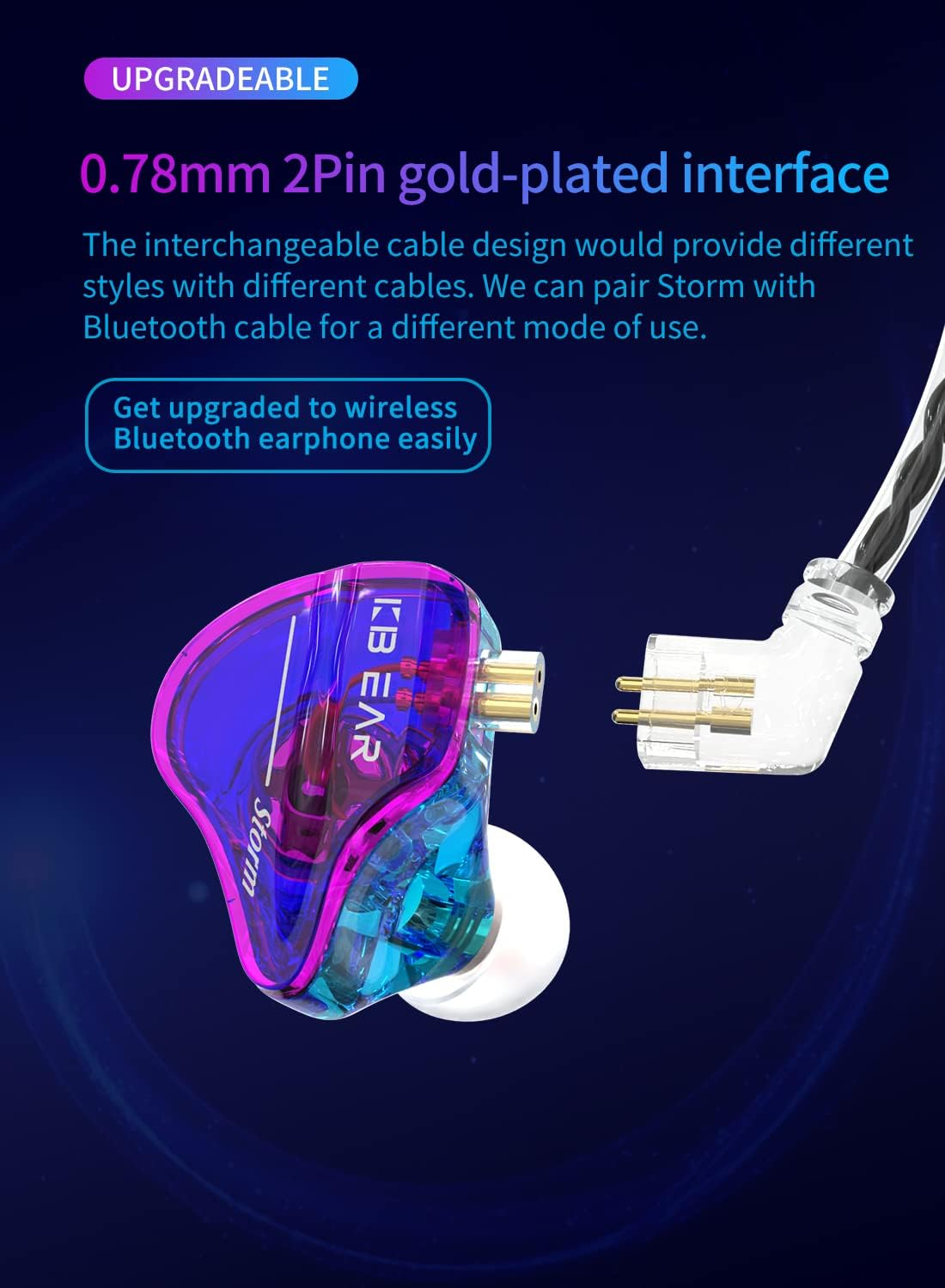 Yinyoo KBEAR Storm Wired Headphones 10Mm Magnetic Dynamic Driver In-Ear Headphones Deep Bass Wired Noise Isolating Headphones (Blue Purple, No Mic) image number 2
