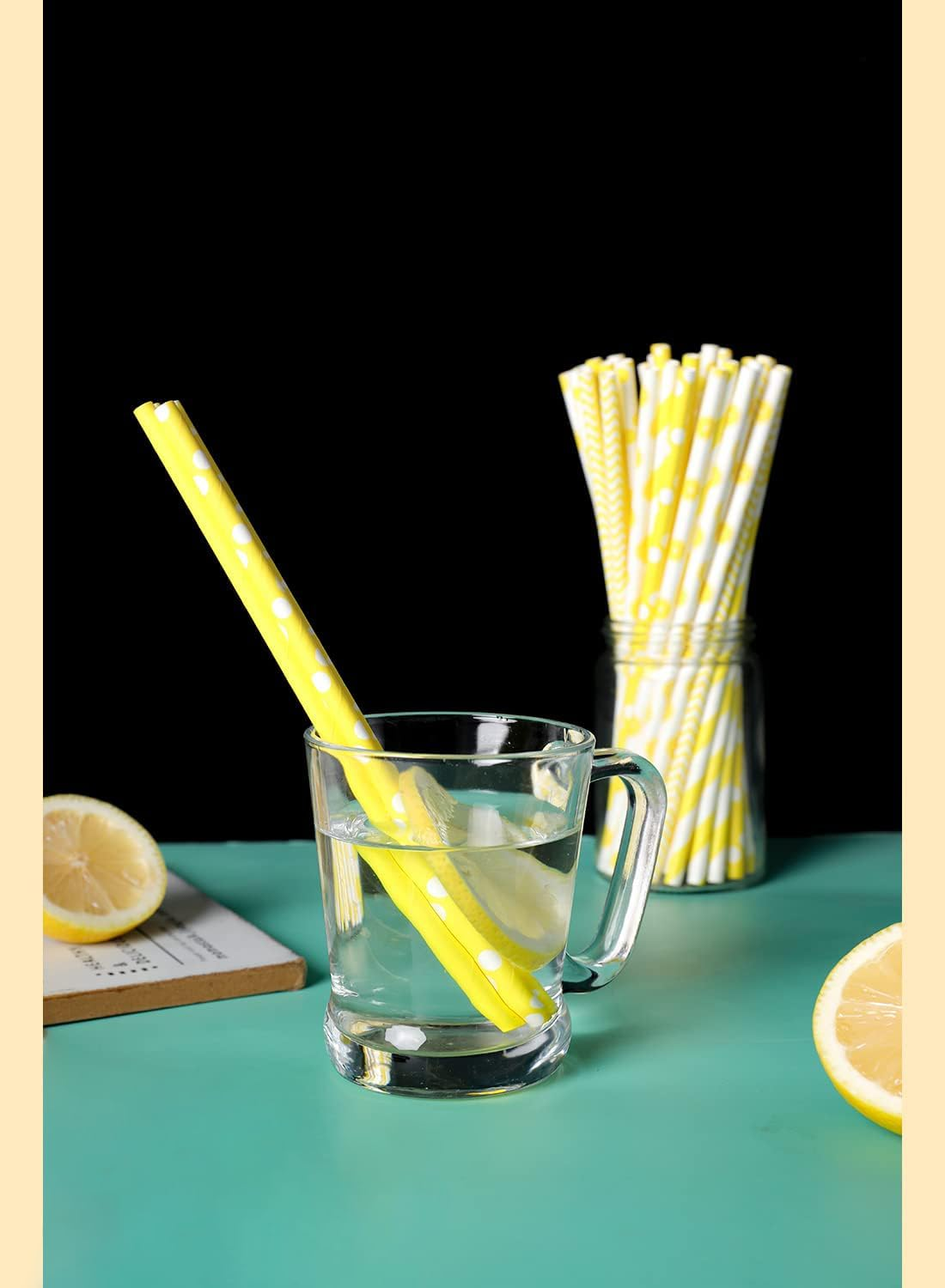 Yellow Straws for Drinking Yellow Disposable Straws 100Pcs Disposable Straws Bulk (8 Pattern) - 10 Black Pattern image number 2