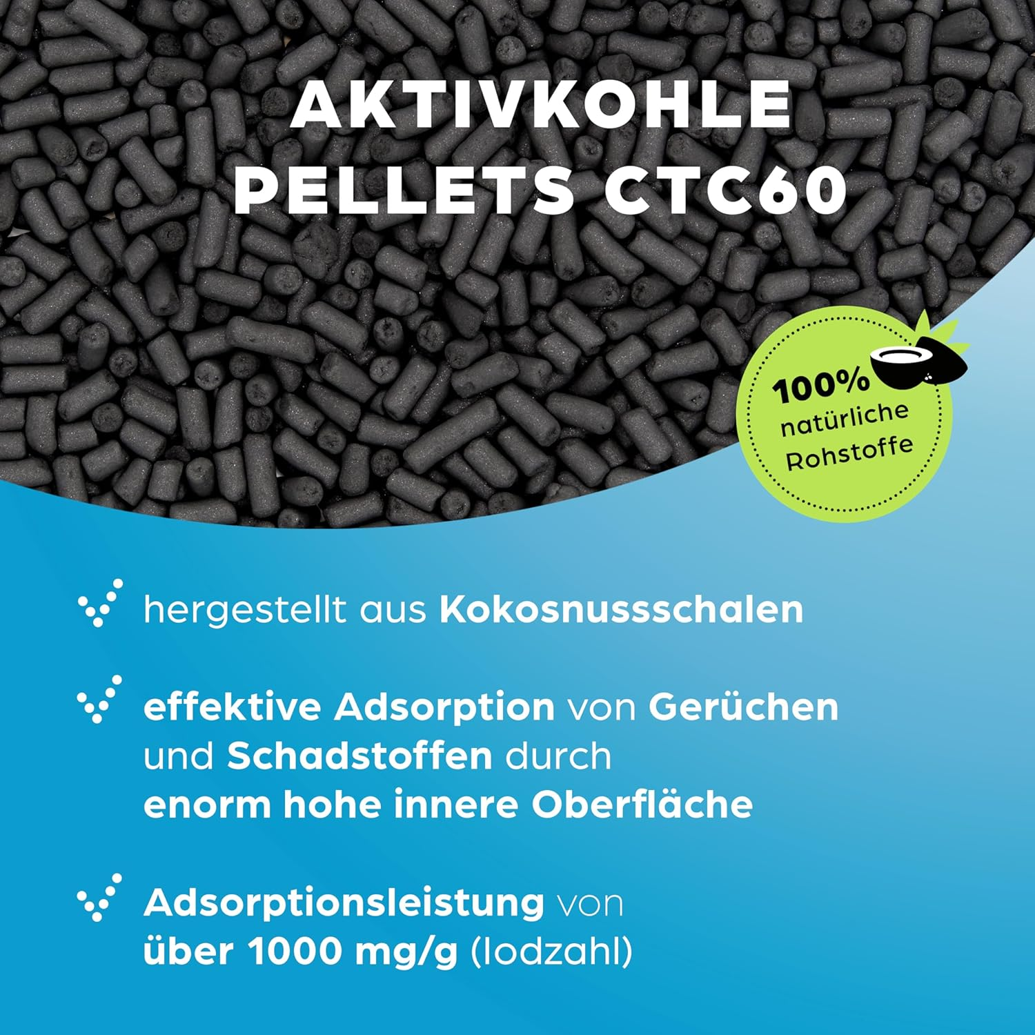 ADNOL&reg; Activated Carbon Pellets 3 Litres Made of Coconut Shells for Air Purification and Gas Cleaning E.G. for Cooker Hoods, CTC60, Diameter 4 Mm, Energy Class A, Can Be Used as Carbon Filter image number 1