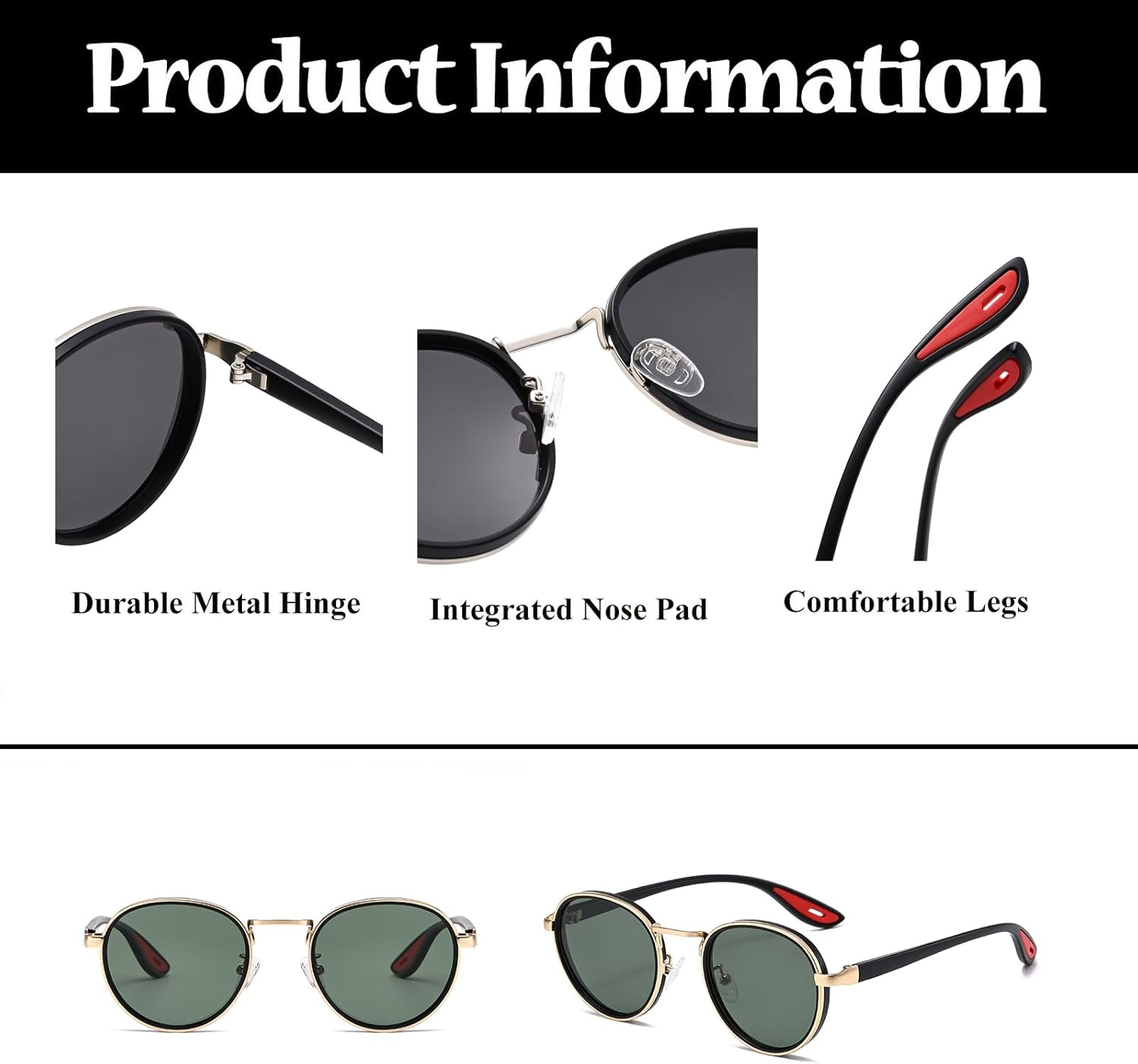 LJCZKA Retro round Polarized Sunglasses for Men Women Vintage Circle Polarised Sunglasses Trendy Metal Frame UV400 Protection - Black Grey image number 2