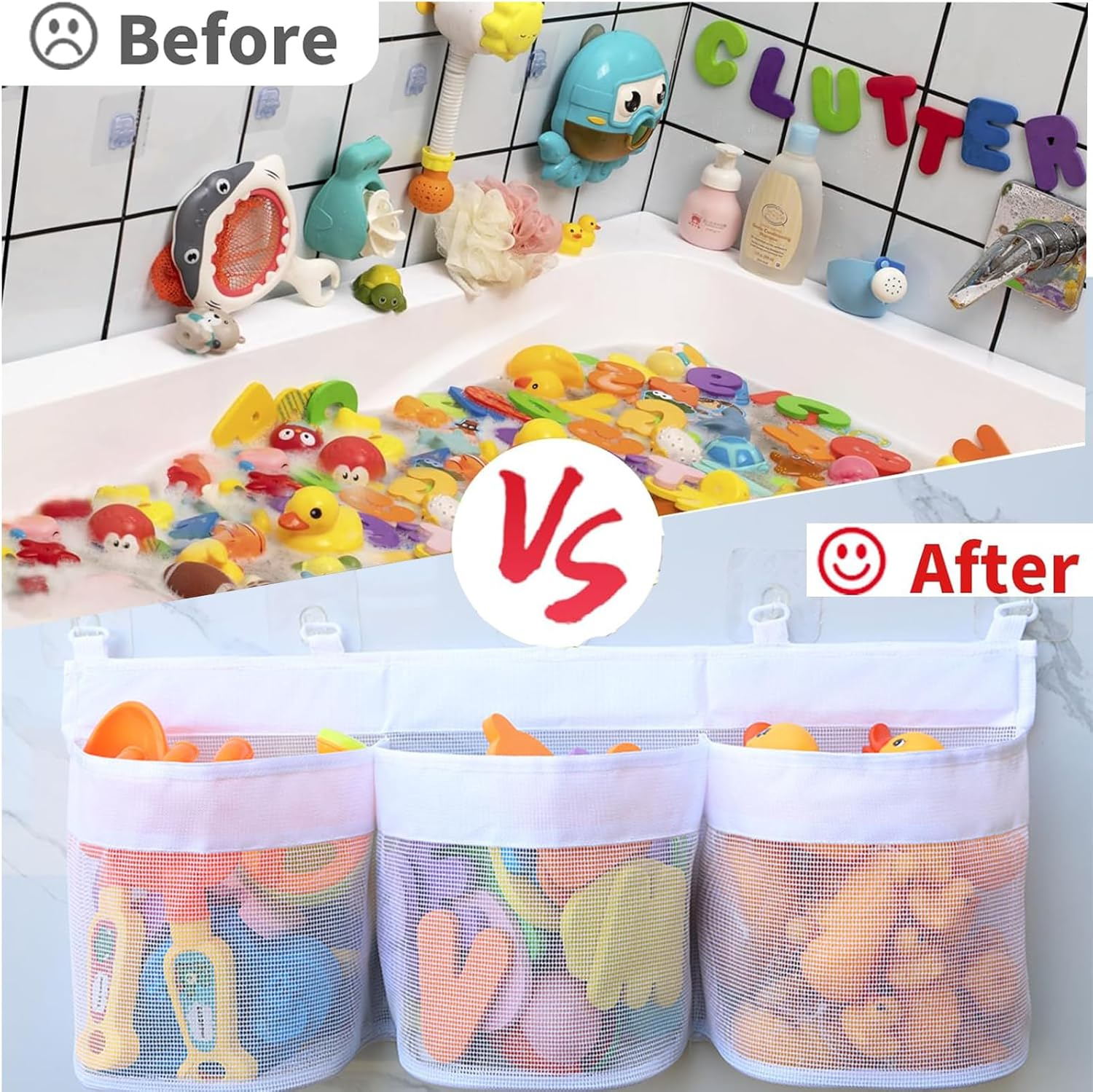 Toy Storage Bags, Hanging Bath Toy Storage Basket, Bath Toy Mesh Bag Bathtub Toy Bag with 5 Ultra Strong Hooks, Bath Toy Holder for Storage and Sorting of Baby Bath Toys (60X25Cm) image number 6