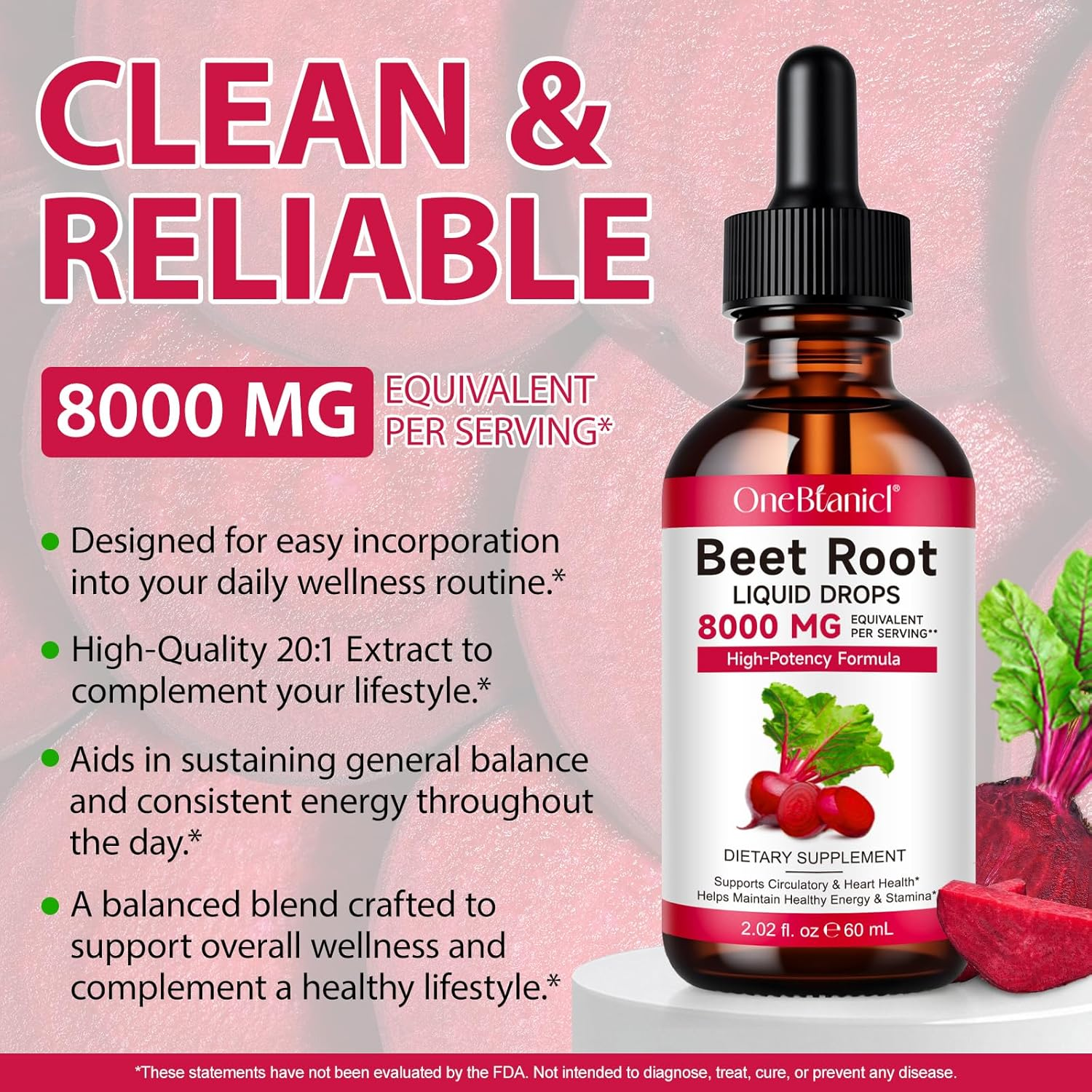Beet Root Liquid Drops 60Ml | 20:1 Concentrated Liquid Extract | 400Mg Beet Root Extract per Serving | Equivalent to 8000Mg Fresh Beetroot | Vegan, Alcohol-Free, Sugar-Free