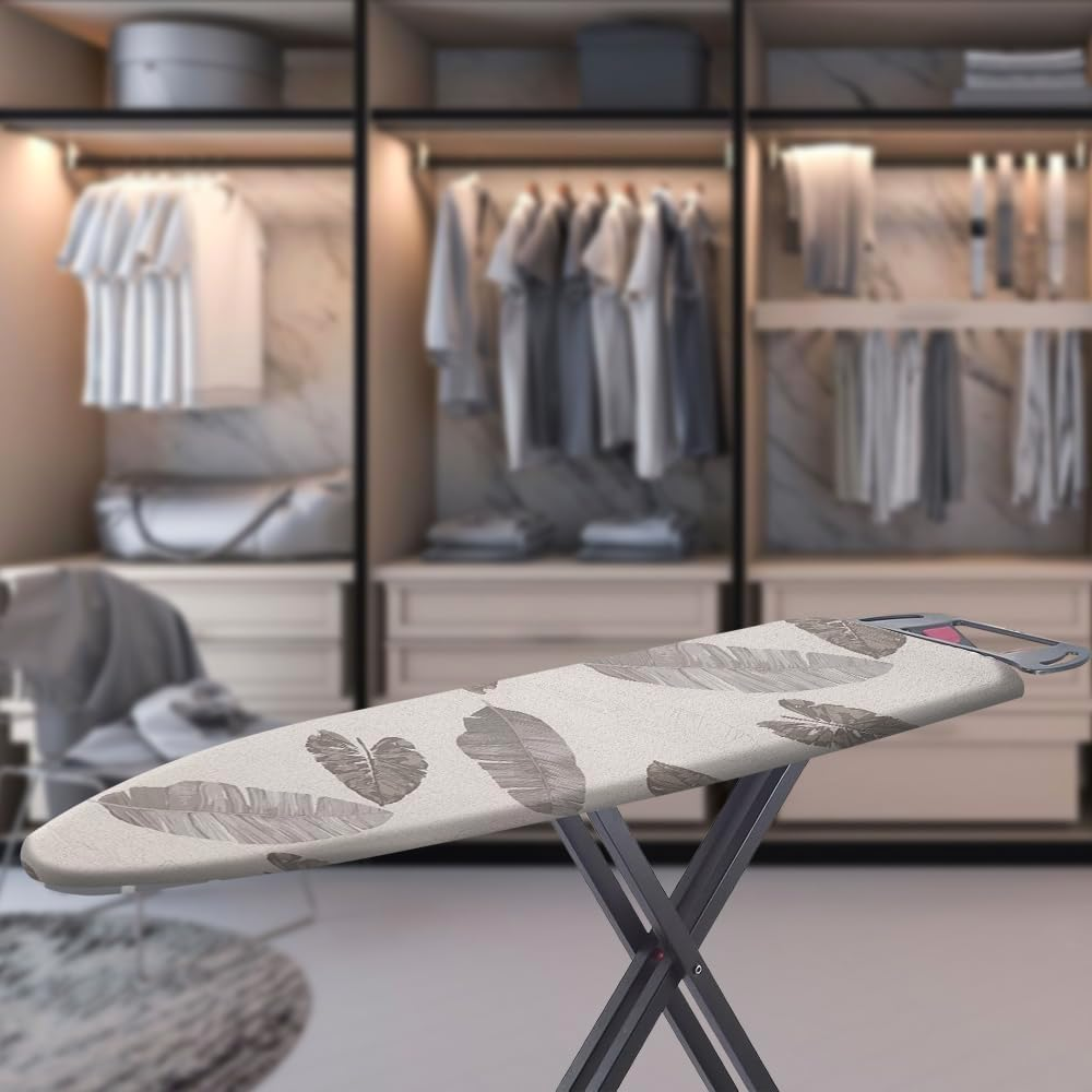 Sonicefit Ironing Board Cover Pad, 56X135Cm Standard Ironing Board Pads with Elastic Edge & Fastener Strape, Scorch & Stain Resistant Cotton Ironing Covers with Thick Padding (Grey Leaves, 56X135Cm) - Grey image number 7