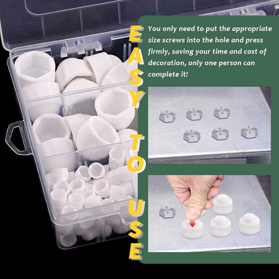 Keadic 160Pcs Bolt Covers Screw Caps Plastic Nut Assortment Kit with Organizer Box, M4 M5 M6 M8 M10 M12 Durable Nylon Insert Locknut for Matching Screws or Bolts, White image number 2