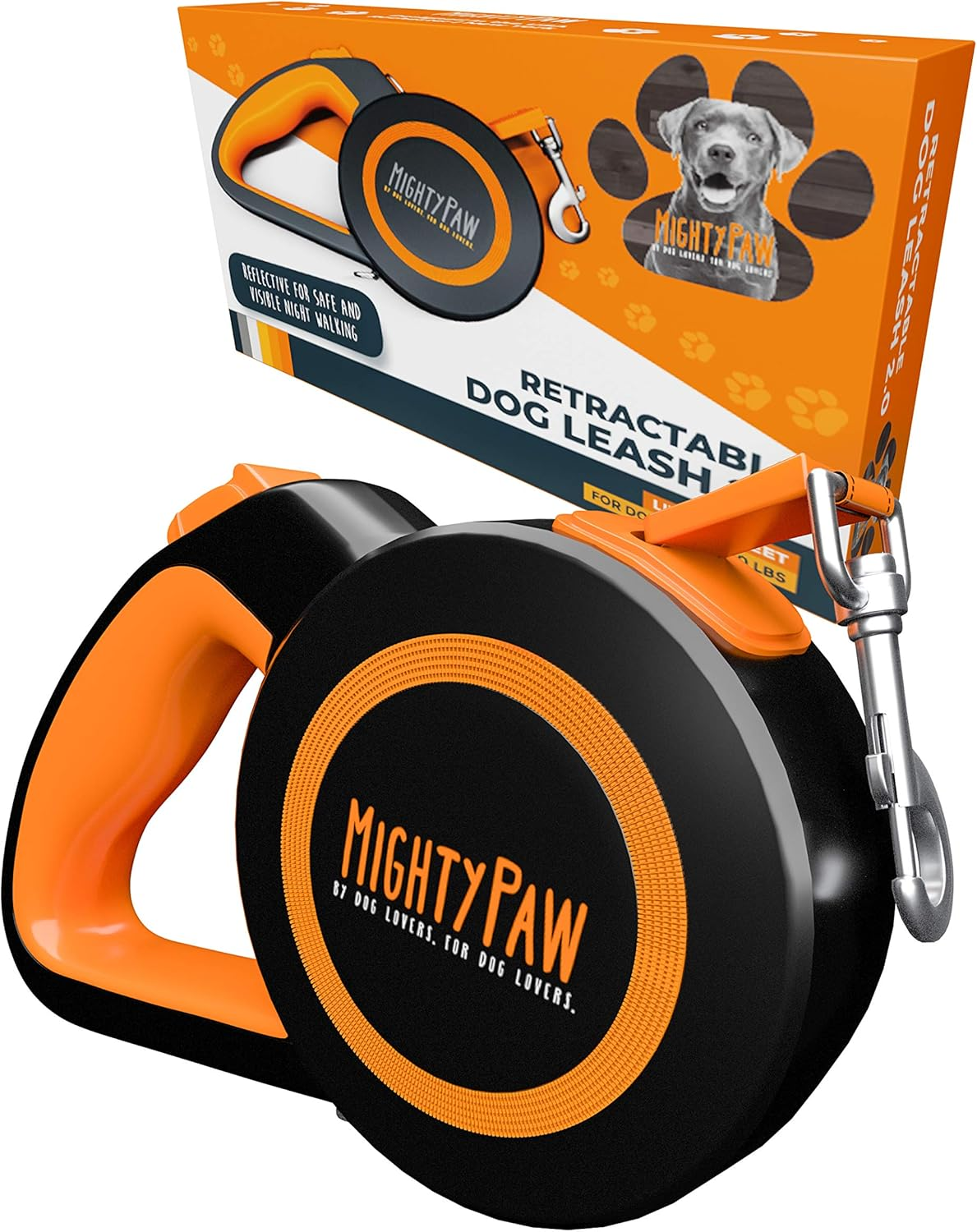 Mighty Paw Retractable Dog Leash 2.0 | 16&rsquo; Heavy Duty Reflective Nylon Tape Lead for Pets up to 110 Lbs. Tangle Free Design W/One Touch Quick-Lock Braking System & Anti-Slip Handle. (Orange/Standard) image number 1