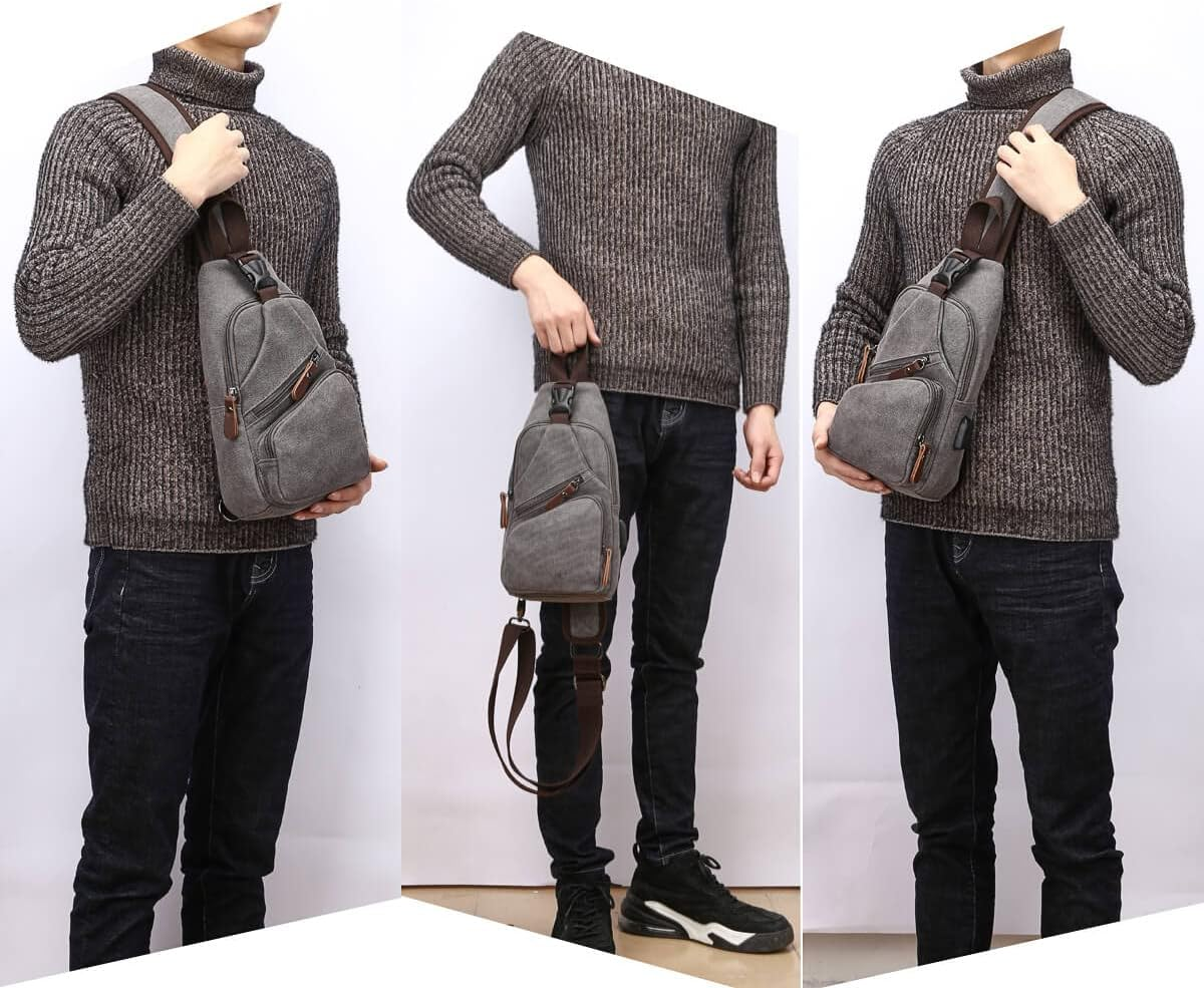 Canvas Sling Bag Crossbody Backpack Shoulder Casual Rucksack for Men Women Outdoor Cycling Hiking Travel Fishing Shopping Trekking - Grey image number 4