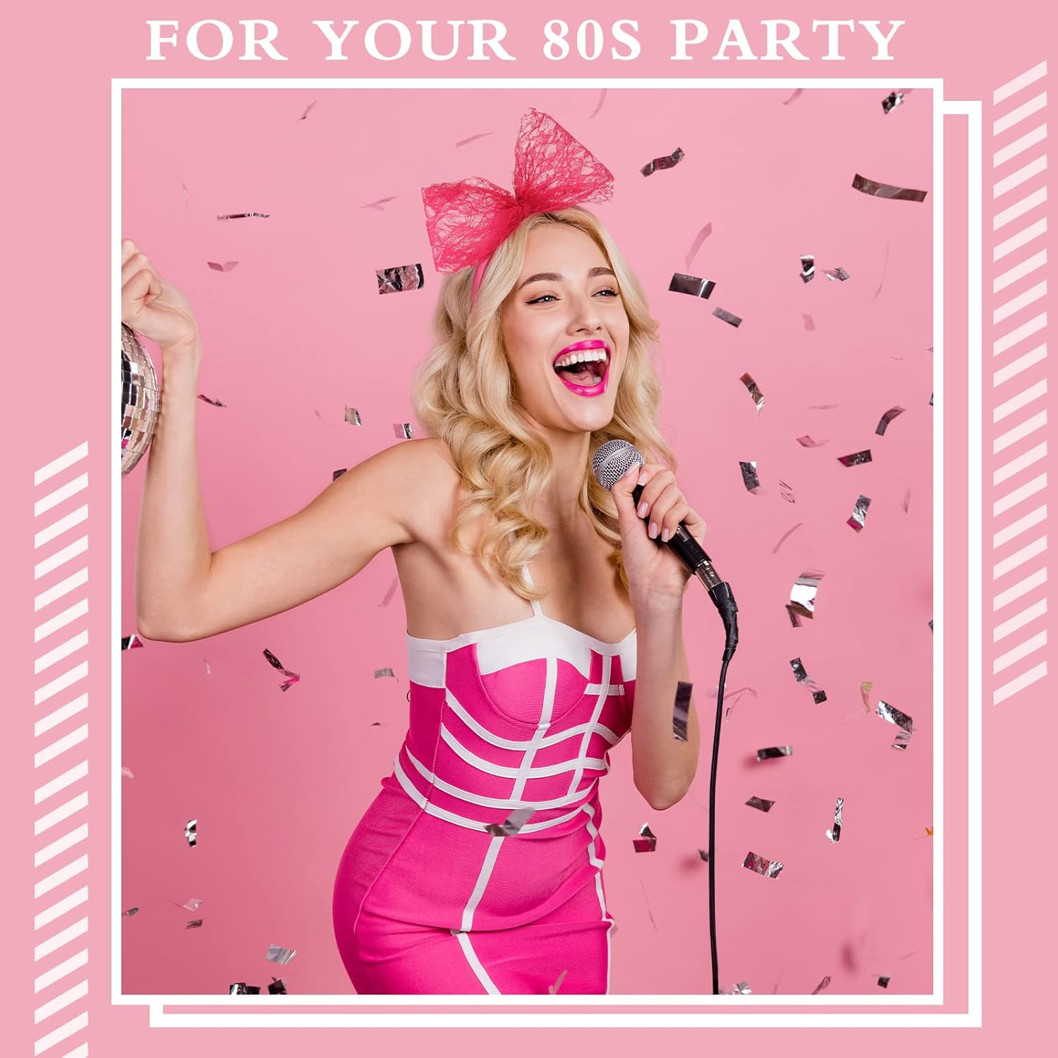 Xinnun Neon Lace Bow Headband for Women 80S Costume Headwear Lace Bow Hair Accessory 1980S Cosplay Accessories for 1980S Theme Party Halloween Hair Hoop Costume image number 3