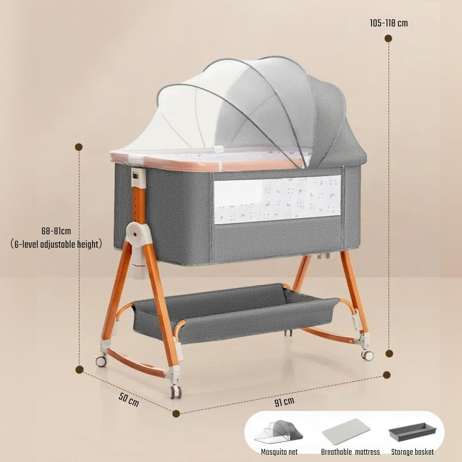 Gdaytao Baby Bassinet Bedside Sleeper - 4 in 1 Baby Cot, Highly Visible Co-Sleeper Bassinet, 6 Levels Adjustable Height Baby Bed with Mosquito Net, Foldable Baby Crib with Mattress & Storage Basket image number 5