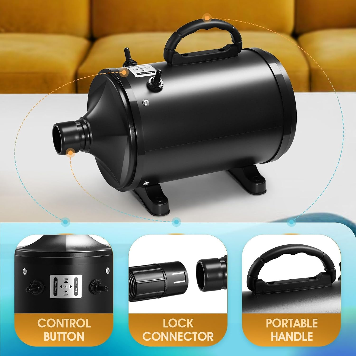 Pet Scene Dog Cat Hair Dryer Pet Grooming Kit with 4 Nozzles Blow Hairdryer Blower Heater Air Blaster Low Noise Adjustable Speed Temperature Negative Ion Wind image number 4