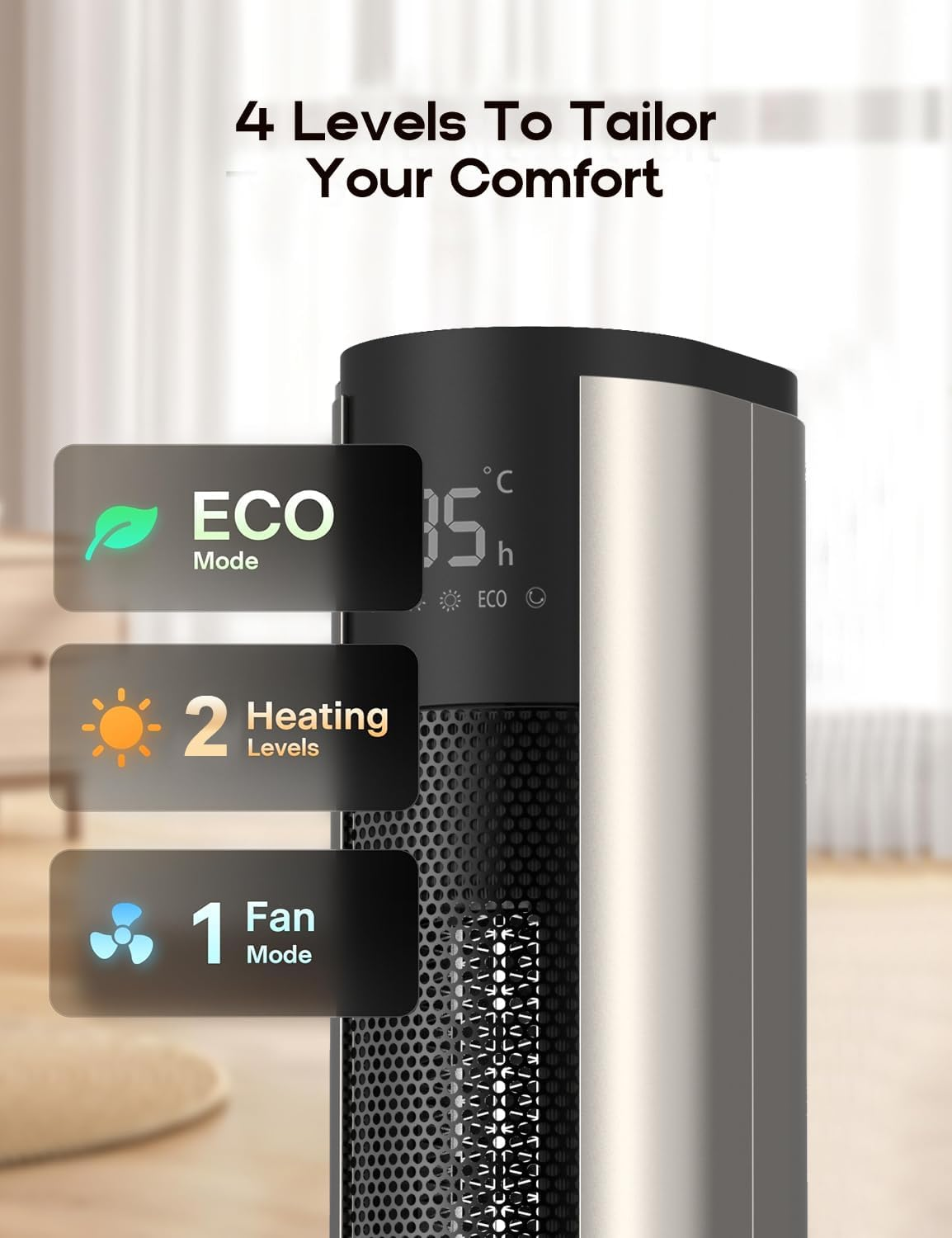 2000W Space Heater for Indoor Use, 60Cm Height Portable Fan Heater, 70&deg; Oscillating Tower Space Heater with Remote, 4 Modes, 12H Timer, Overheating & Tip-Over Protection, Electric Heater for Home image number 2