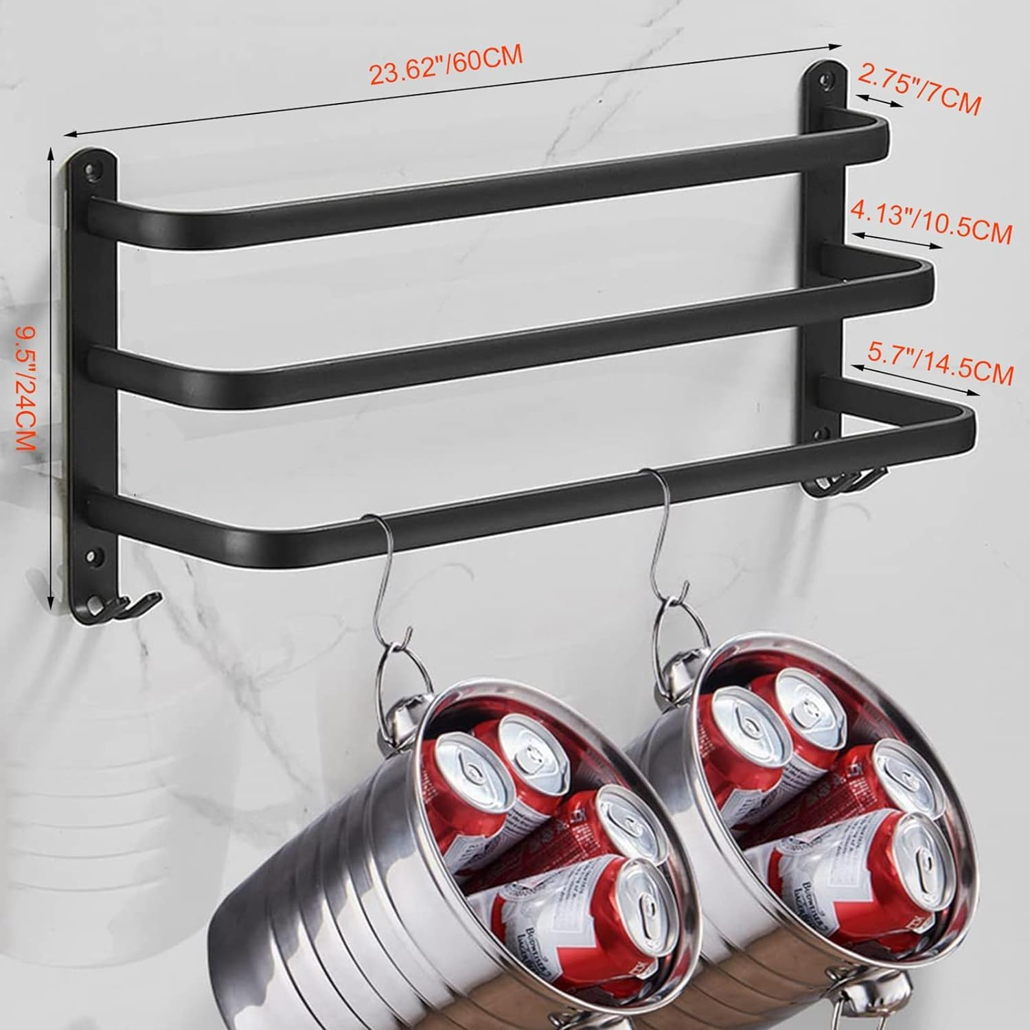 Towel Rack 60CM, Towel Rail Wall Mounted 3-Tier,Towel Rods with 2 Hooks, Bathroom Towel Holder Black Towel Bar, Modern Home Decor Bathroom Towel Rack, Frosted Black image number 3