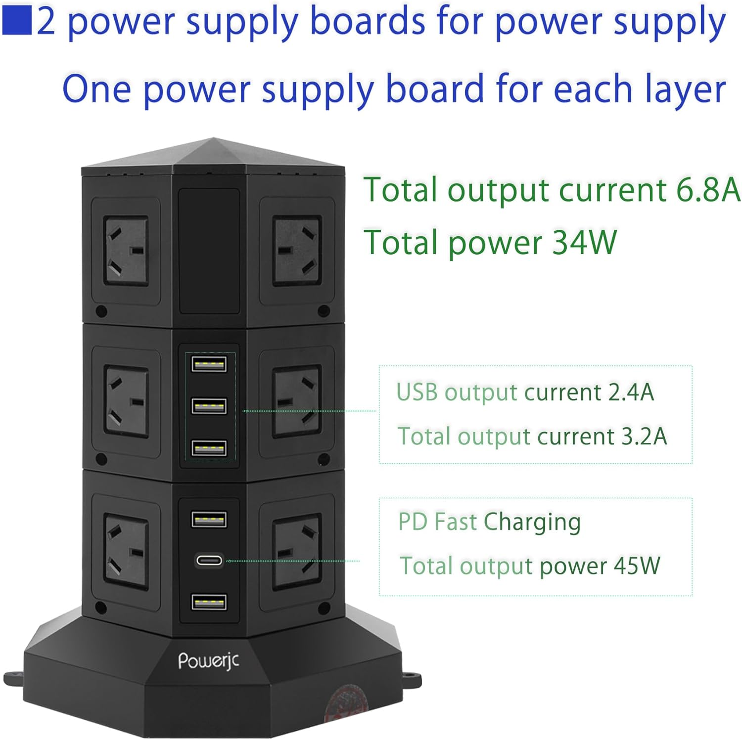 Powerjc Tower Power Strip USB Surge Protector Socket 12 AC Outlets with 5 USB or 1 USB C PD 25W Totals 6A Ports Chargers 3M Long Extension Cord SAA Certified Black image number 1