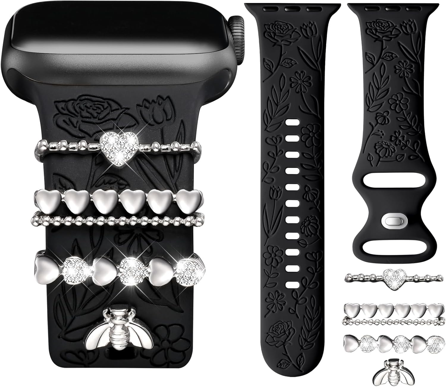 Witzon Flower Engraved Band Compatible with Apple Watch Bands 38Mm 40Mm 41Mm for Women, Soft Silicone Sport Band with Decorative Apple Watch Charms for Iwatch Series 9 8 7 6 5 4 3 2 1 SE (With Band)